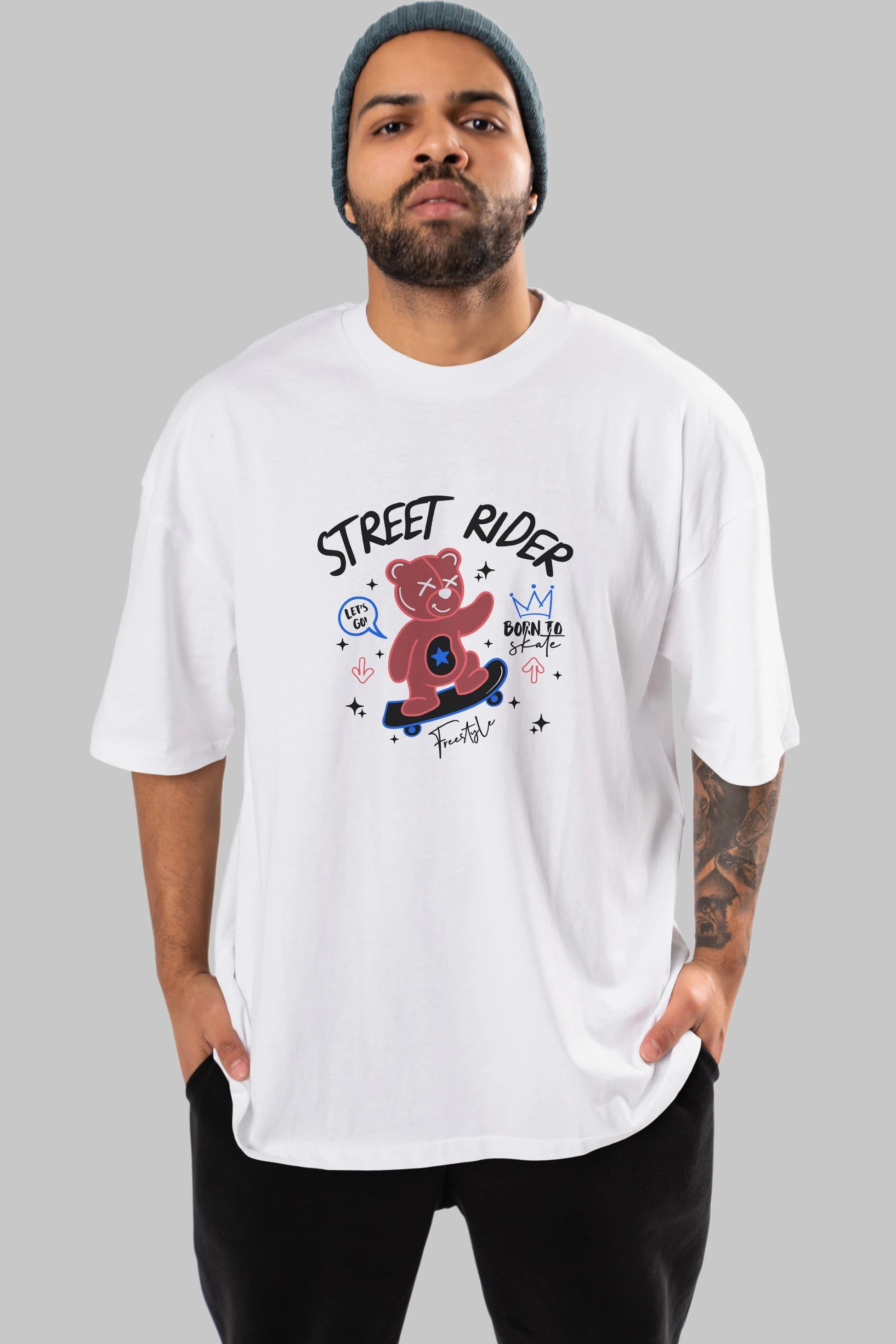 Street Rider Bear Ön Baskılı Oversize t-shirt Erkek Kadın Unisex