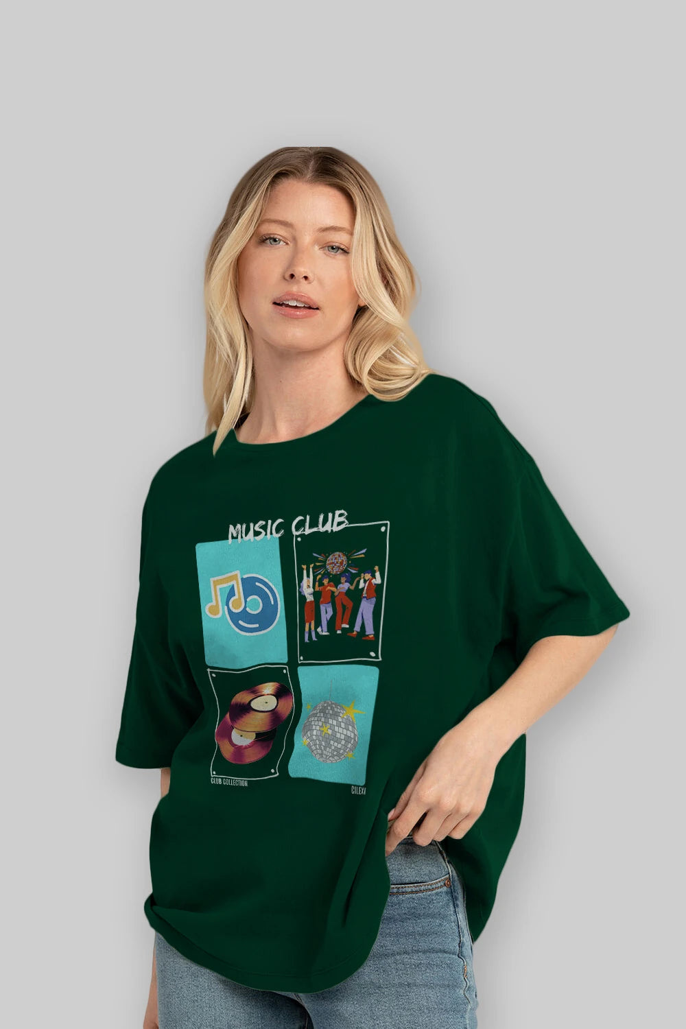 Music Club ön Baskılı Oversize t-shirt Erkek Kadın %100 Pamuk Bisiklet Yaka tişort