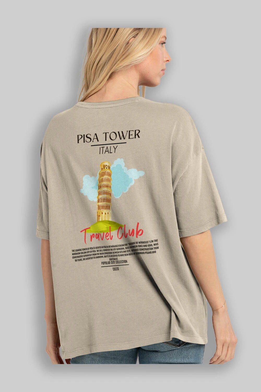Pisa Tower İtaly Arka Baskılı Oversize t-shirt Erkek Kadın Pamuk Bisiklet Yaka tişort