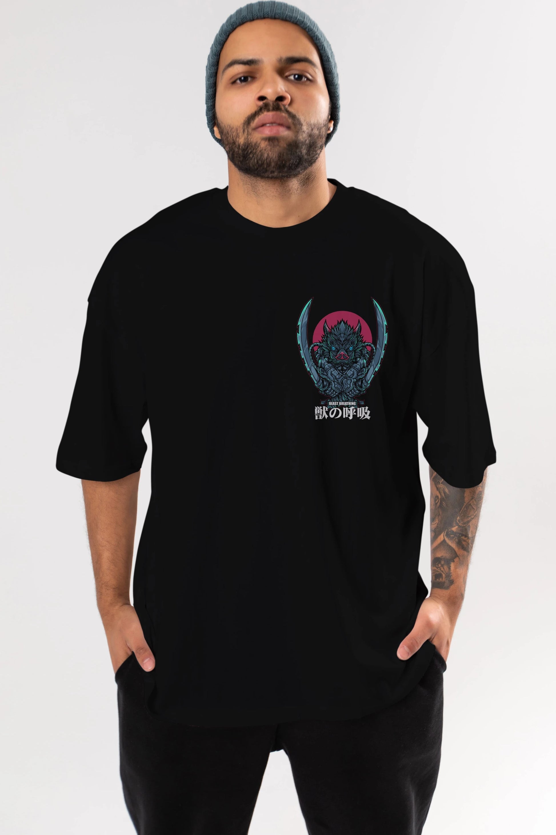 Inosuke DEMON SLAYER Ön Sol Baskılı Oversize t-shirt Erkek Kadın Unisex %100 Pamuk Bisiklet Yaka tişort
