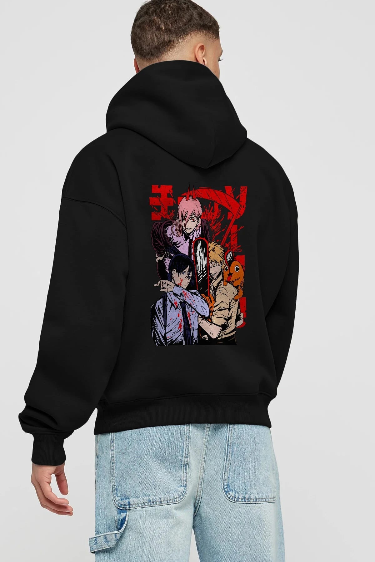 CHAINSAWMAN CREW Anime Arka Baskılı Hoodie Oversize Kapüşonlu Sweatshirt Erkek Kadın Unisex