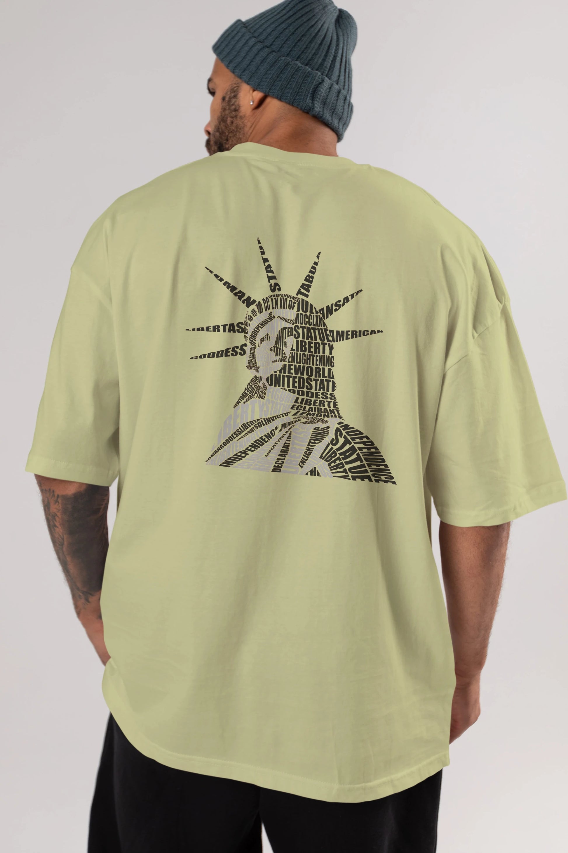 Liberty Statue Calligram Arka Baskılı Oversize t-shirt %100 pamuk Erkek Kadın Unisex
