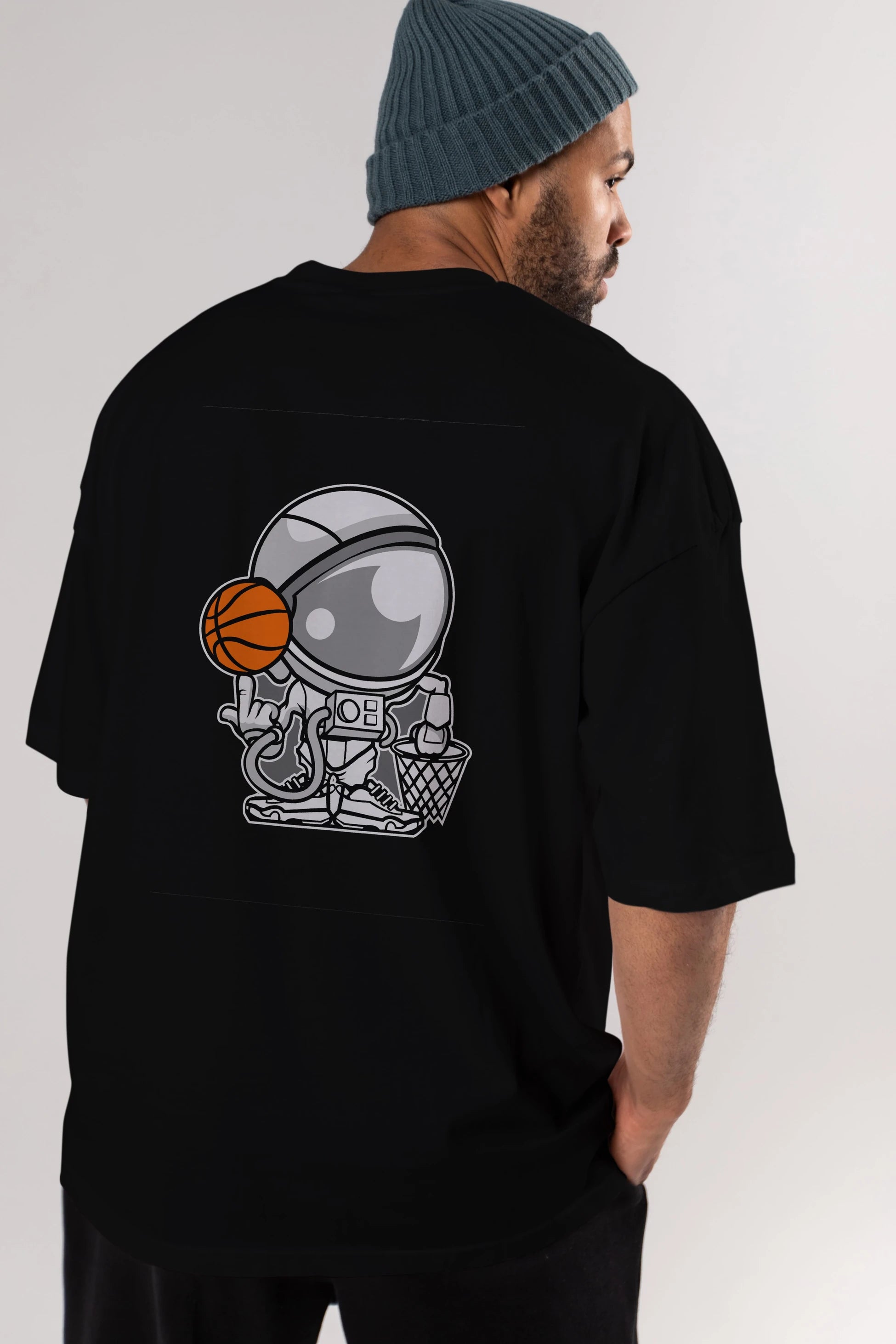 Astronaut Basketball Arka Baskılı Oversize t-shirt Erkek Kadın Unisex %100 Pamuk tişort