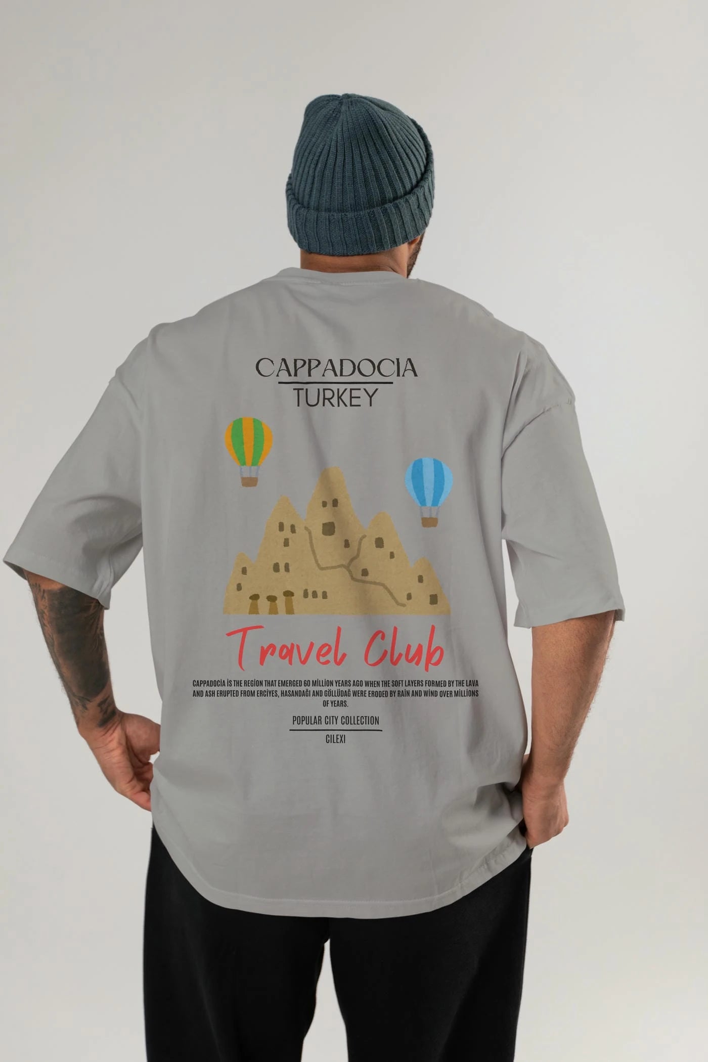 Cappadocia Turkey Arka Baskılı Oversize t-shirt Erkek Kadın Pamuk Bisiklet Yaka tişort