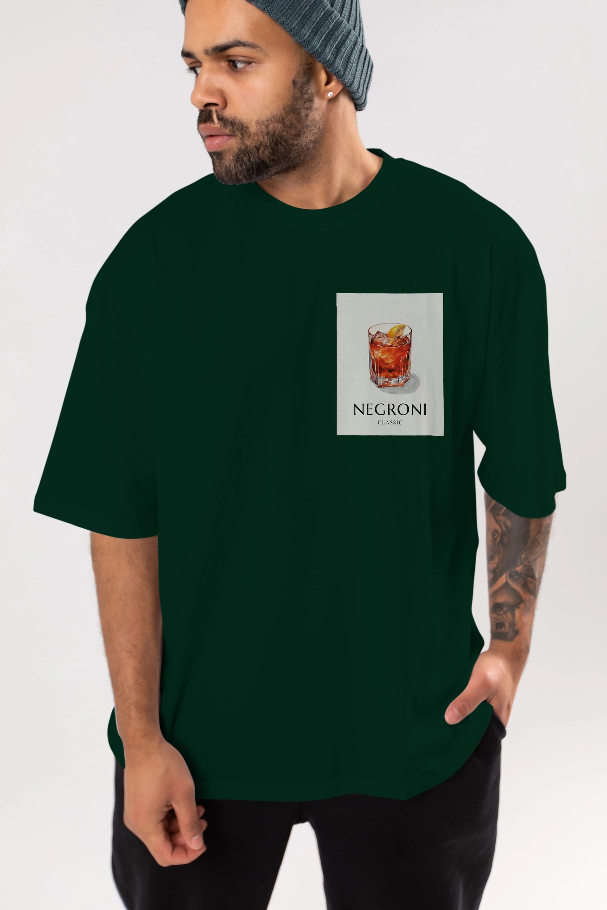 Negroni Classic Ön Sol Baskılı Oversize t-shirt Erkek Kadın Unisex %100 Pamuk Bisiklet Yaka tişort