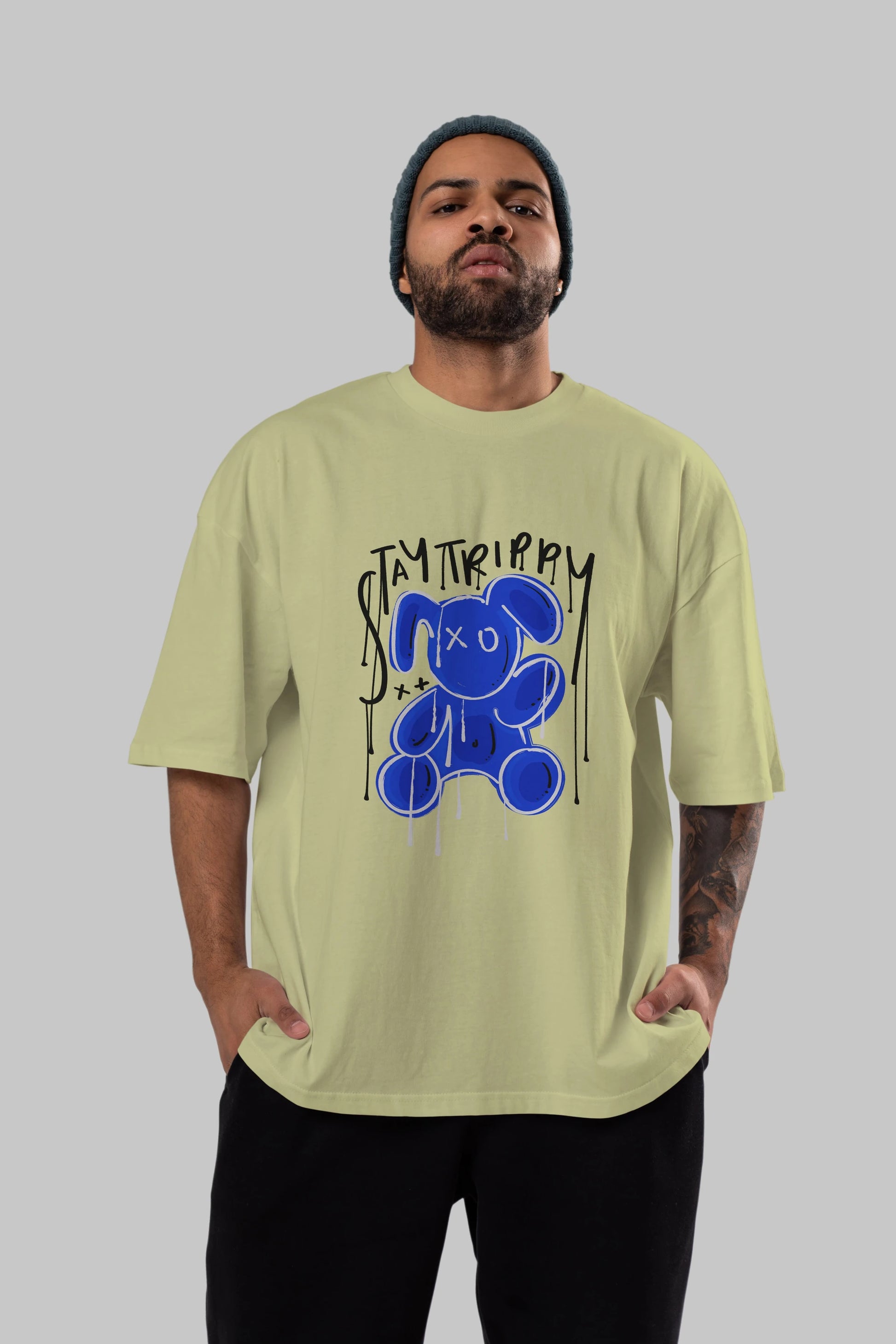 Stay Trippy Bear Ön Baskılı Oversize t-shirt Erkek Kadın Unisex