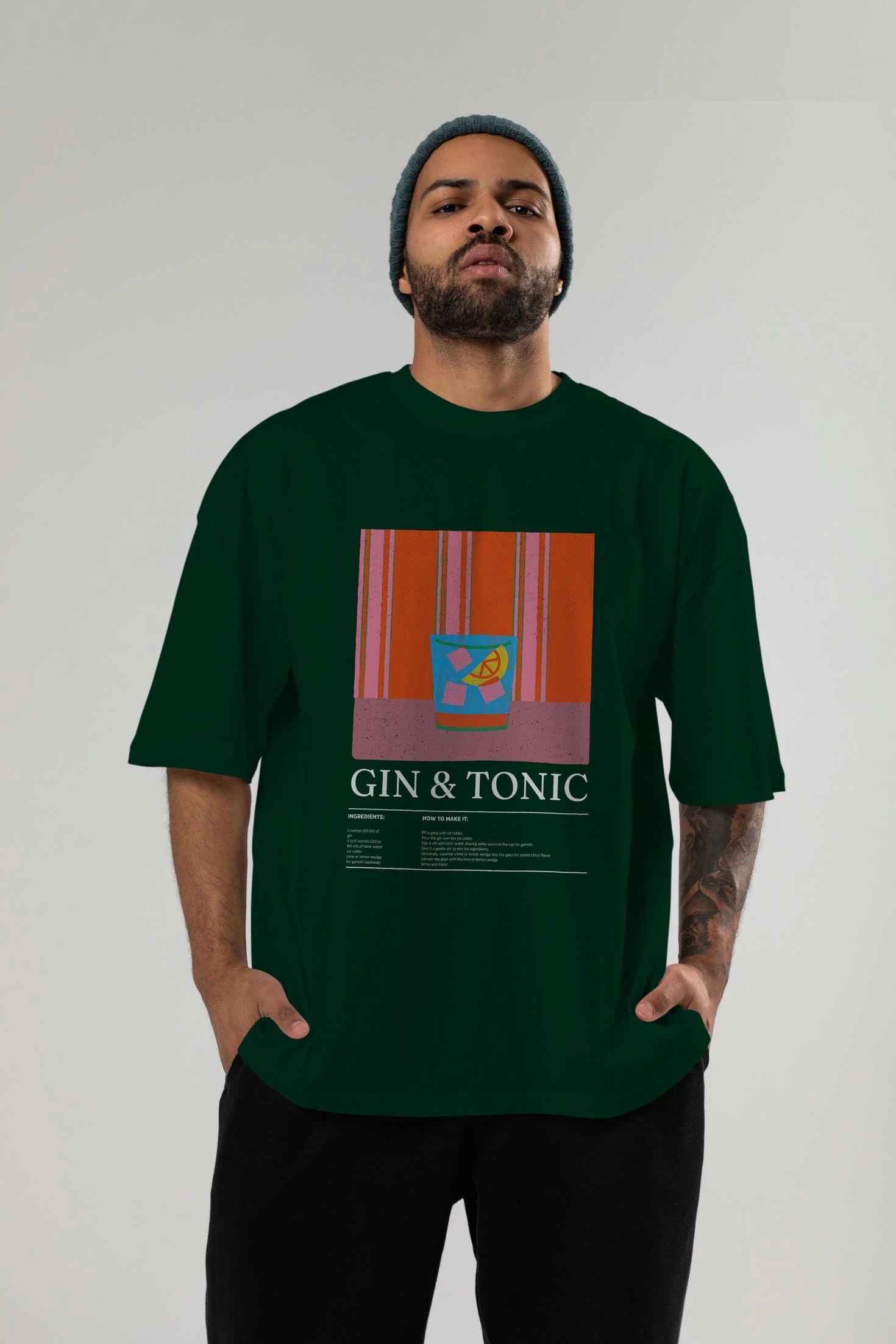 Gin tonic Kokteyl Ön Baskılı Oversize t-shirt Erkek Kadın %100 Pamuk Bisiklet Yaka tişort