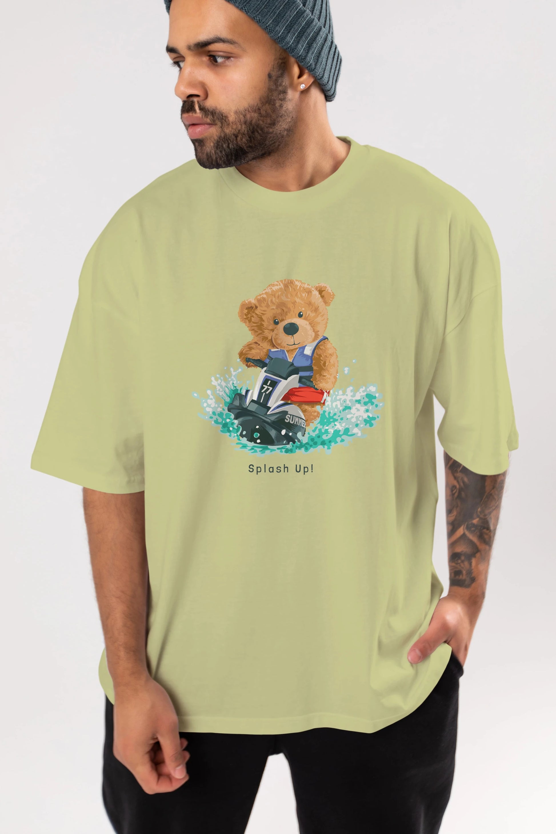 Teddy Bear Splash Up Ön Baskılı Oversize t-shirt Erkek Kadın Unisex %100 Pamuk