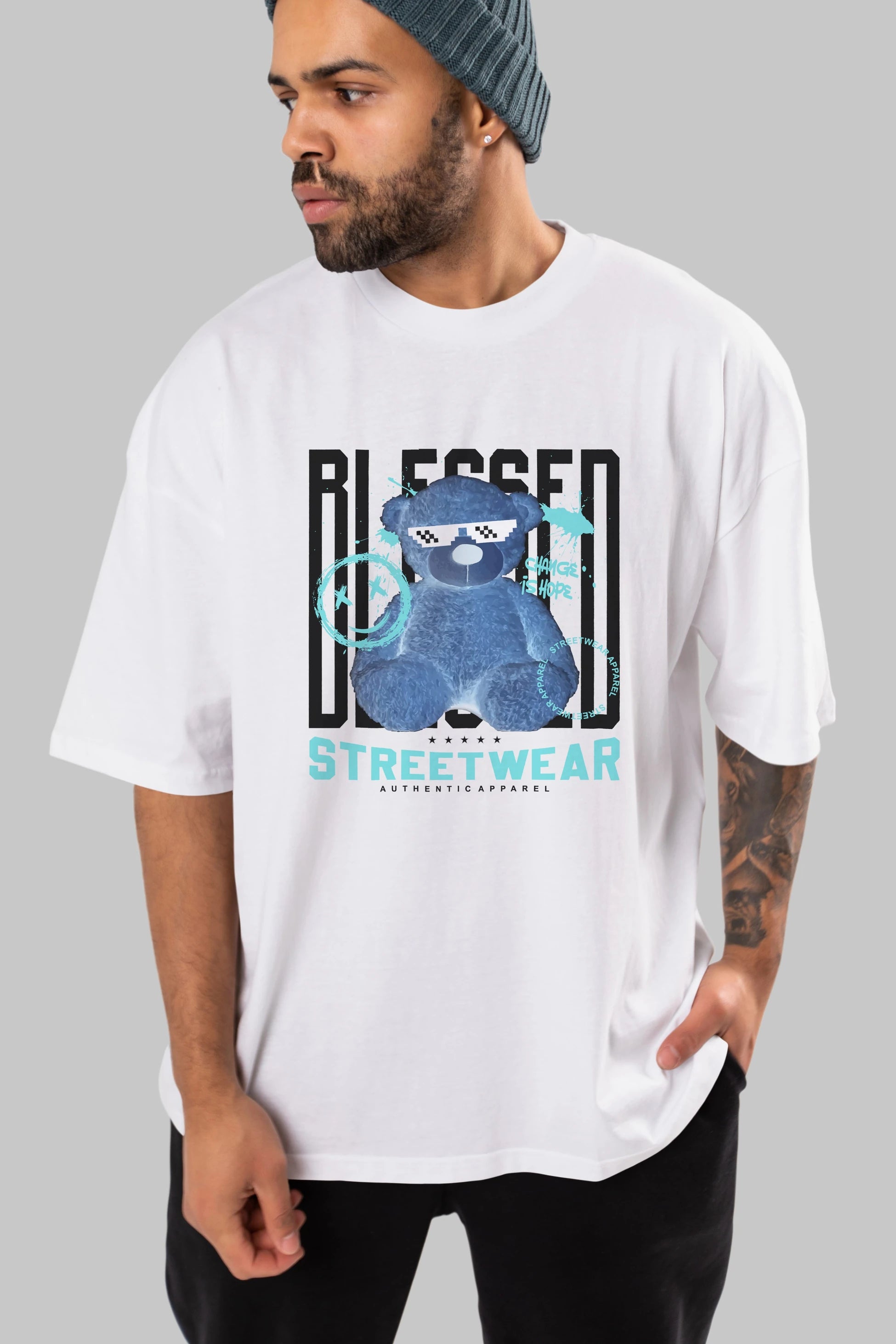 Blessed Bear Ön Baskılı Oversize t-shirt Erkek Kadın Unisex