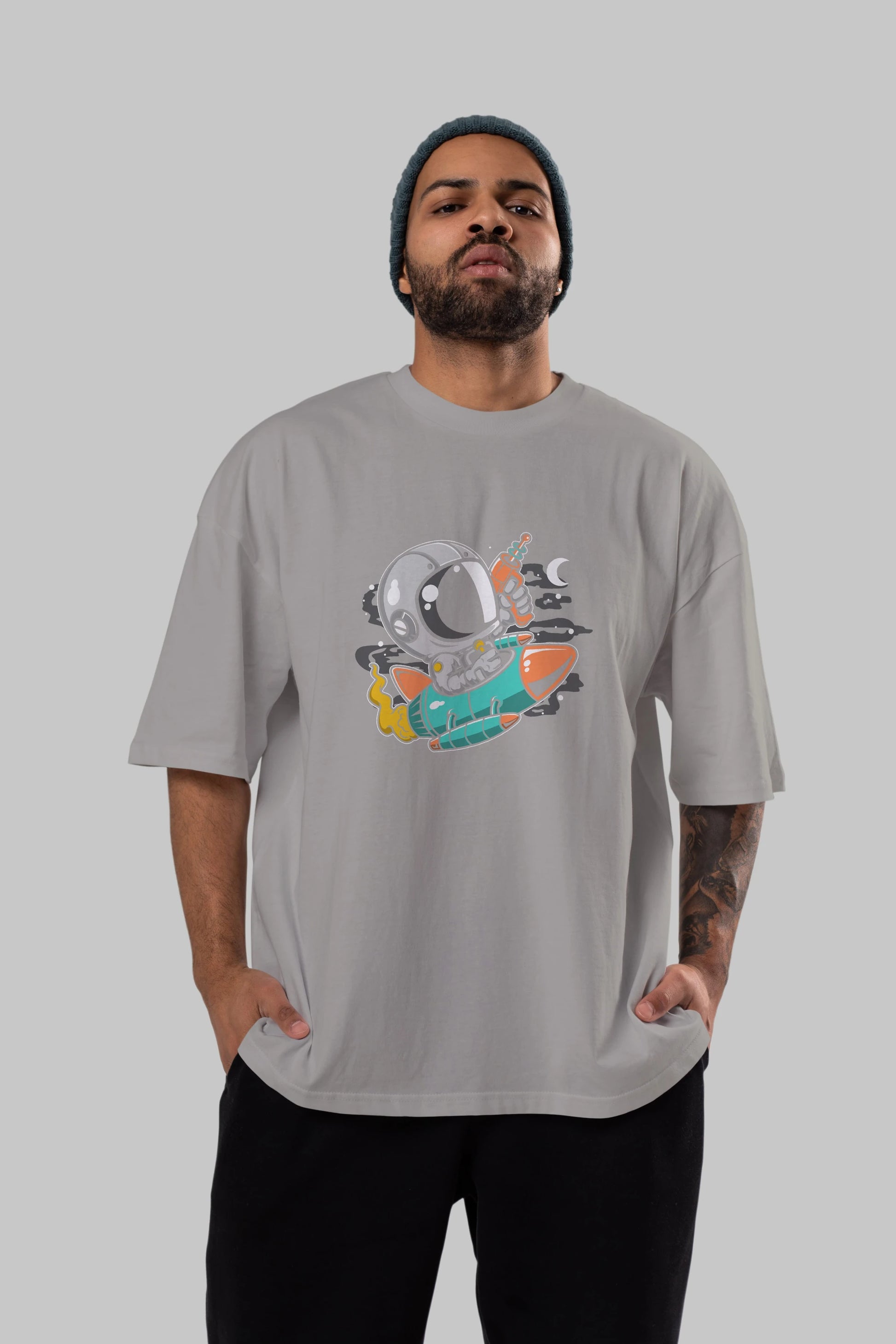 Astronaut Riding Rocket Ön Baskılı Oversize t-shirt Erkek Kadın Unisex