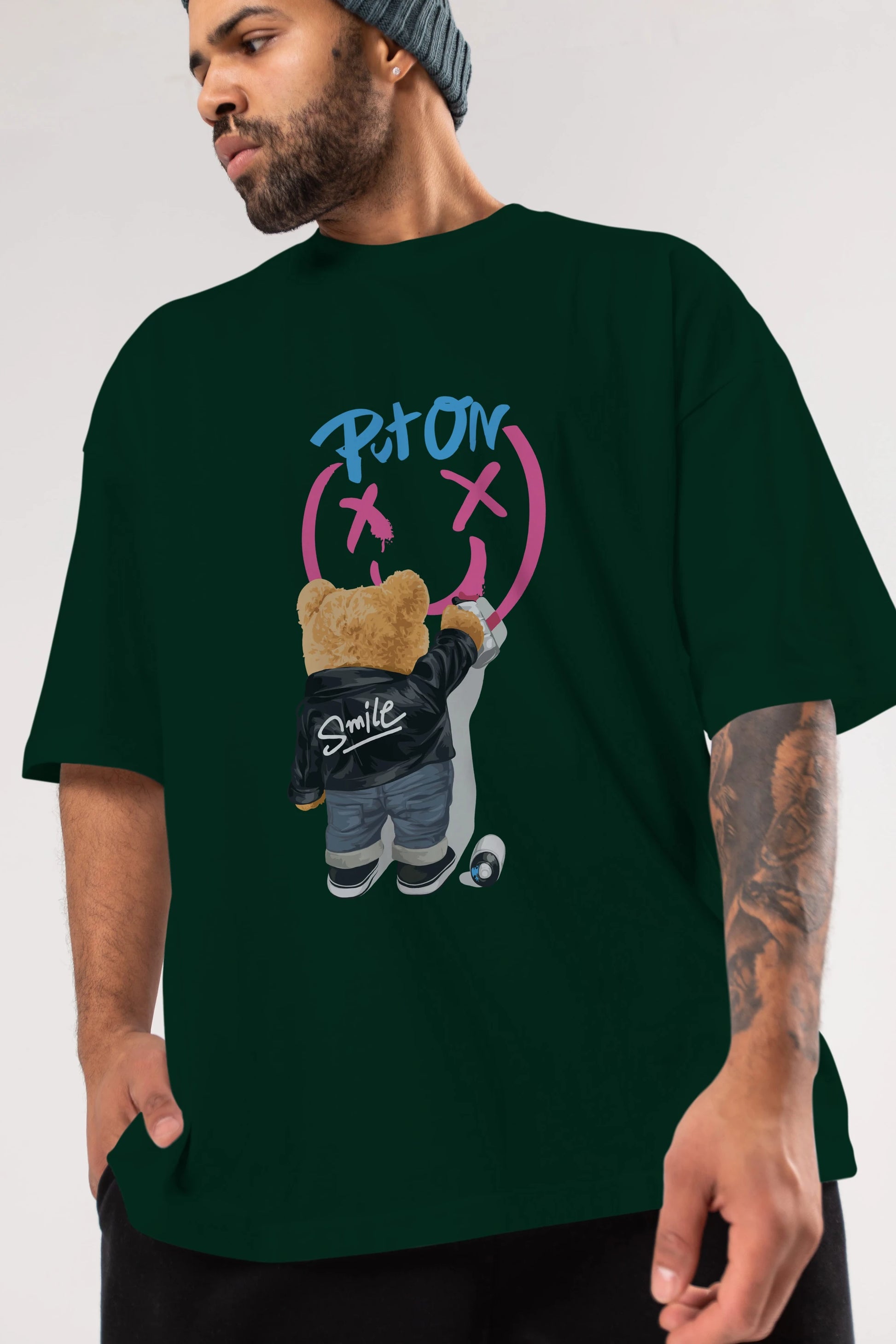 Put on Smile Bear Ön Baskılı Oversize t-shirt Erkek Kadın Unisex