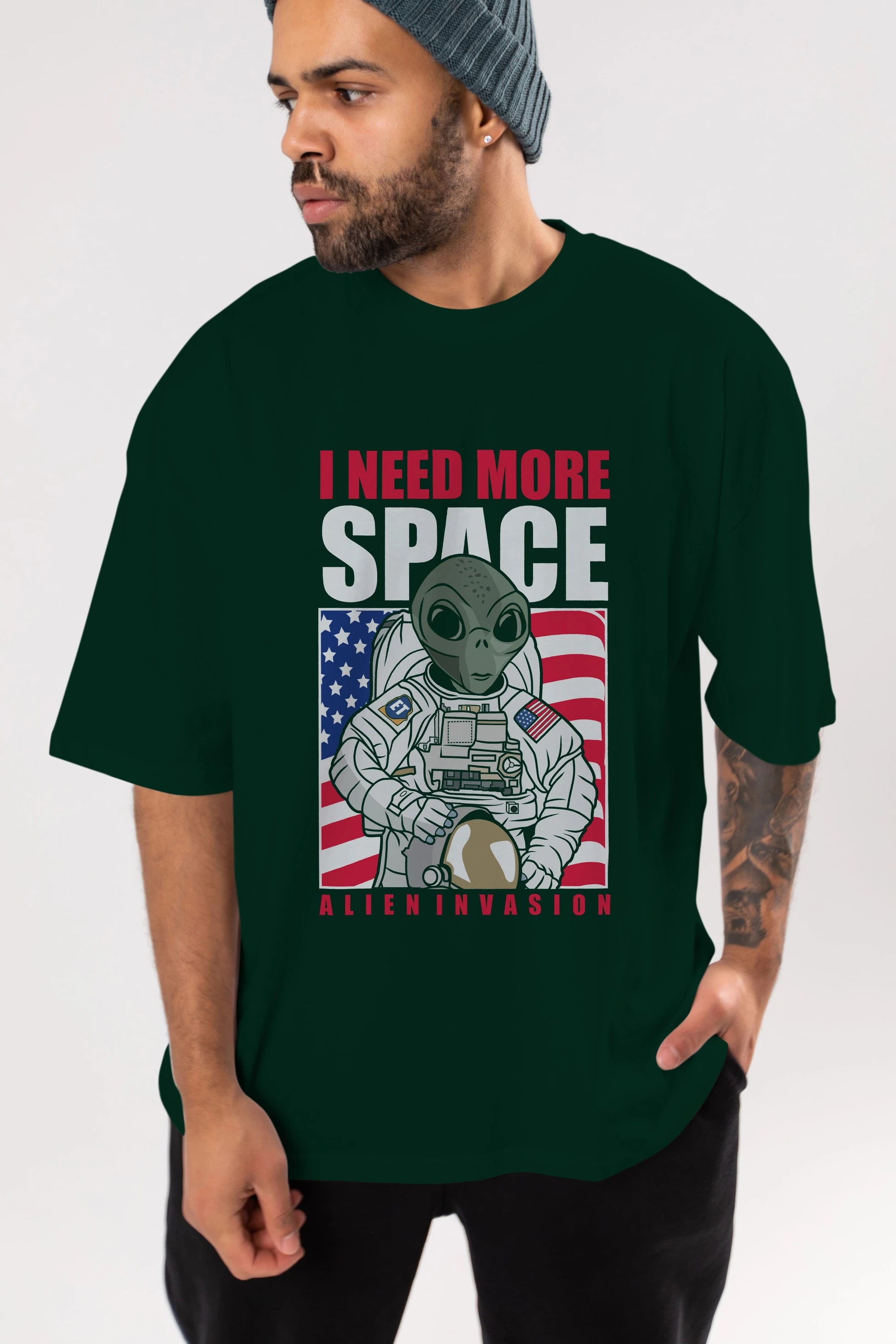 Alien Astronaut Ön Baskılı Oversize t-shirt Erkek Kadın Unisex %100 Pamuk tişort