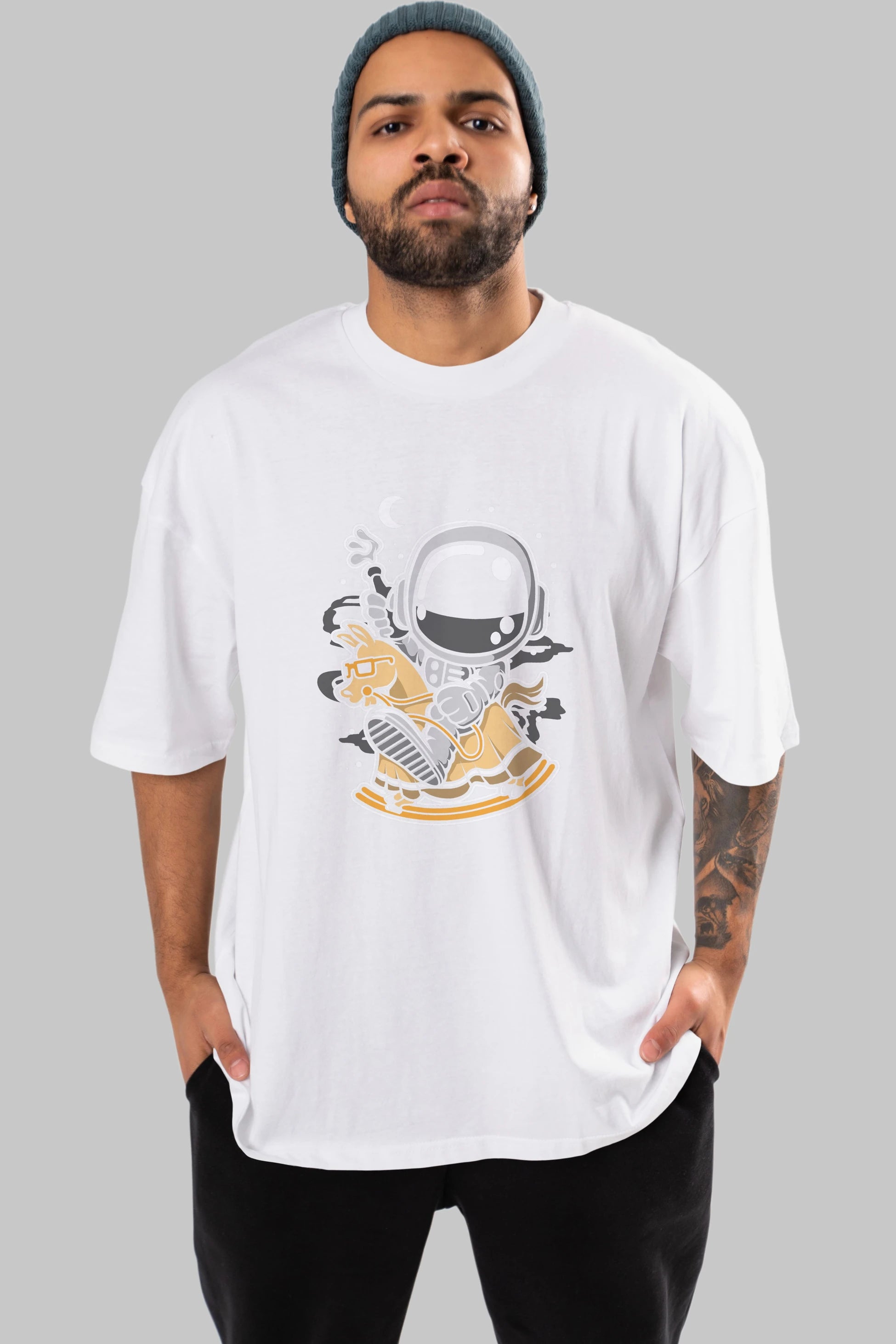 Astronaut RidingToy Horse Ön Baskılı Oversize t-shirt Erkek Kadın Unisex