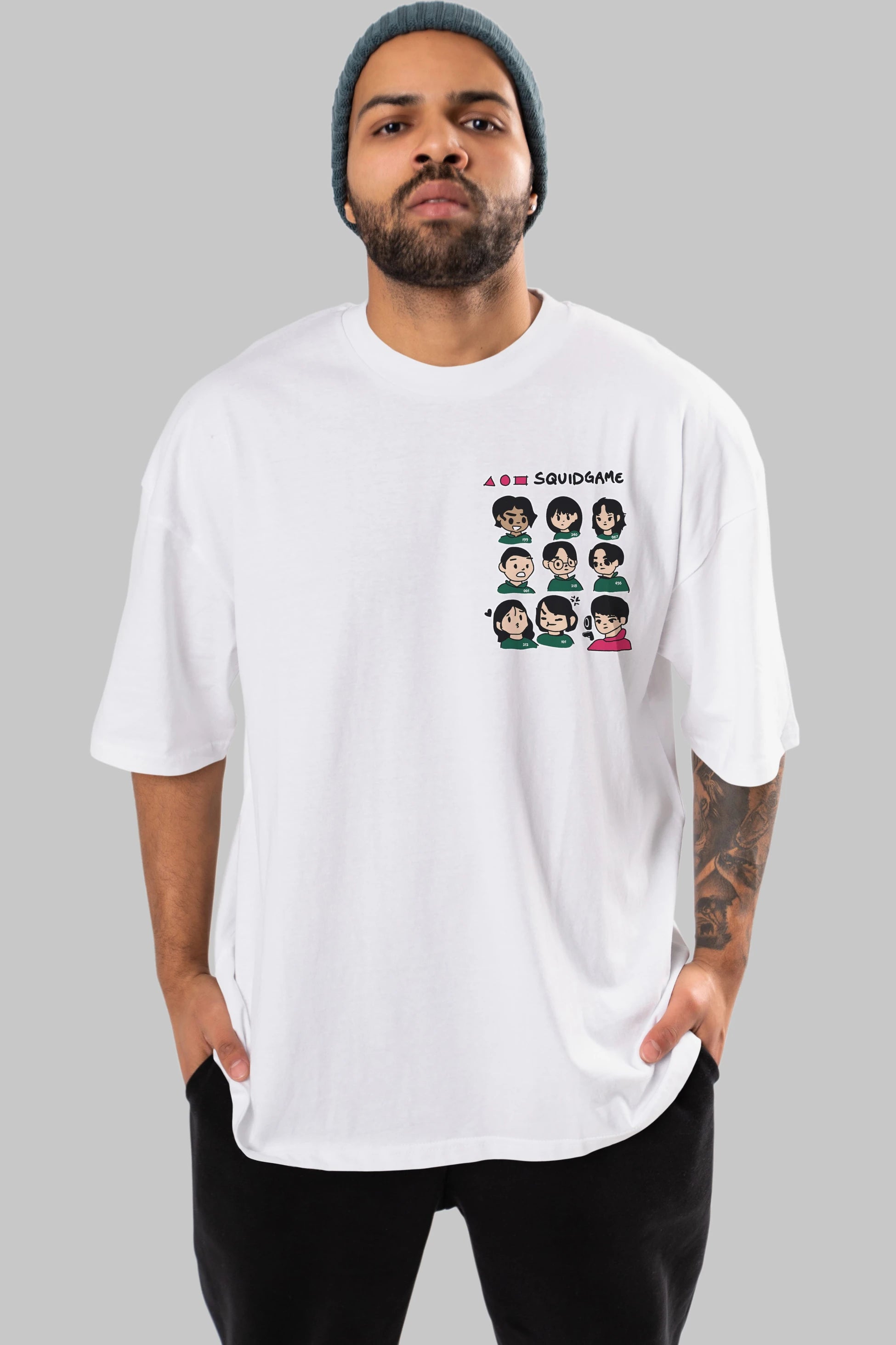 Squid Game (3) Ön Sol Baskılı Oversize t-shirt Erkek Kadın Unisex %100 Pamuk Bisiklet Yaka tişort