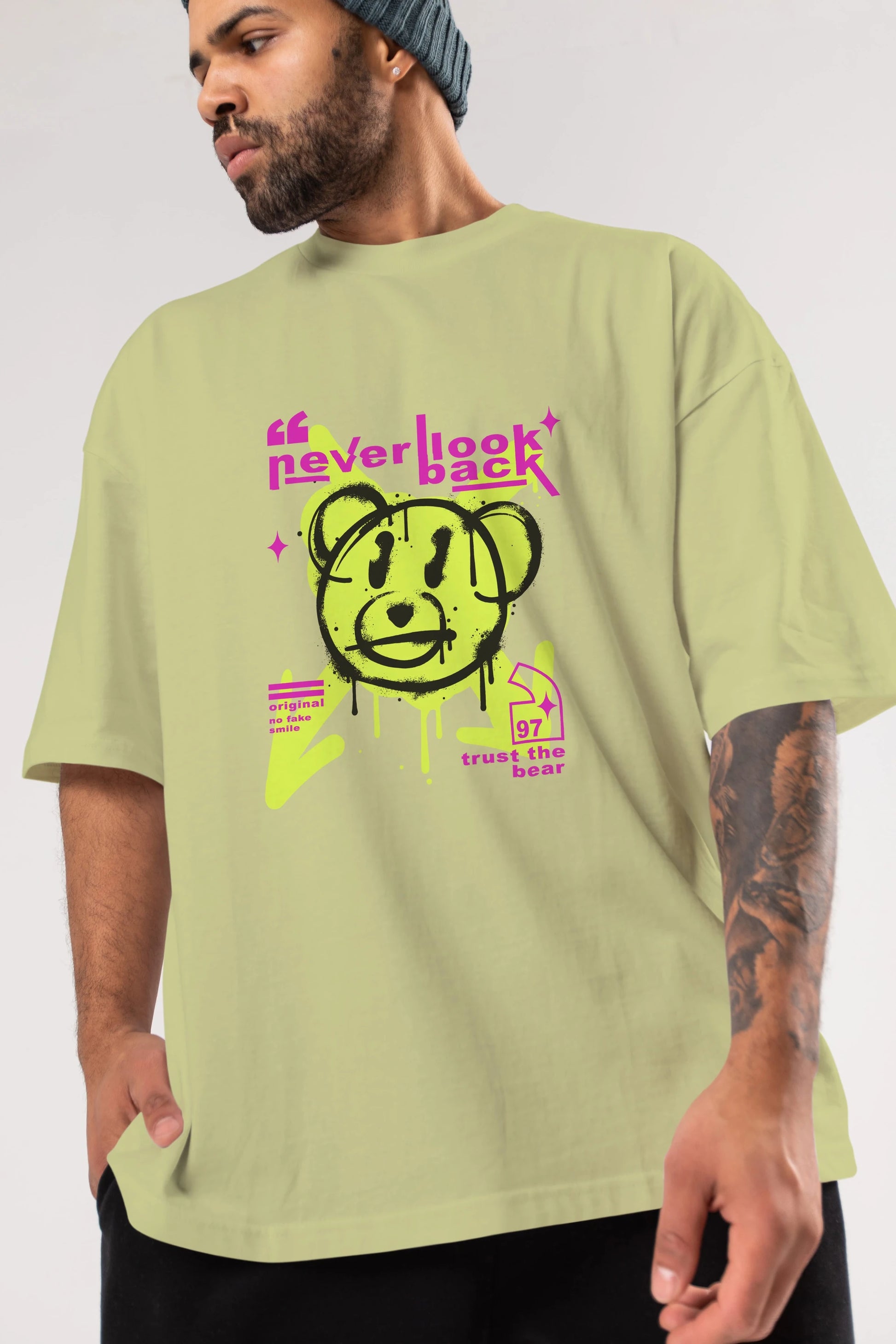 Never Look Back Bear Ön Baskılı Oversize t-shirt Erkek Kadın Unisex