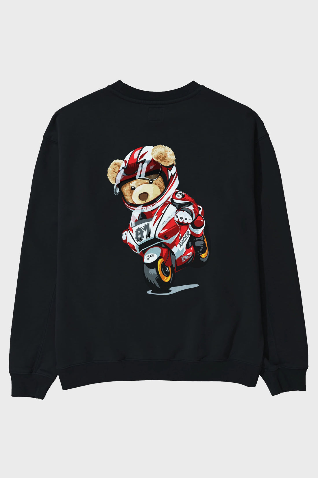 Teddy Bear Racer Arka Baskılı Oversize Sweatshirt Erkek Kadın Unisex