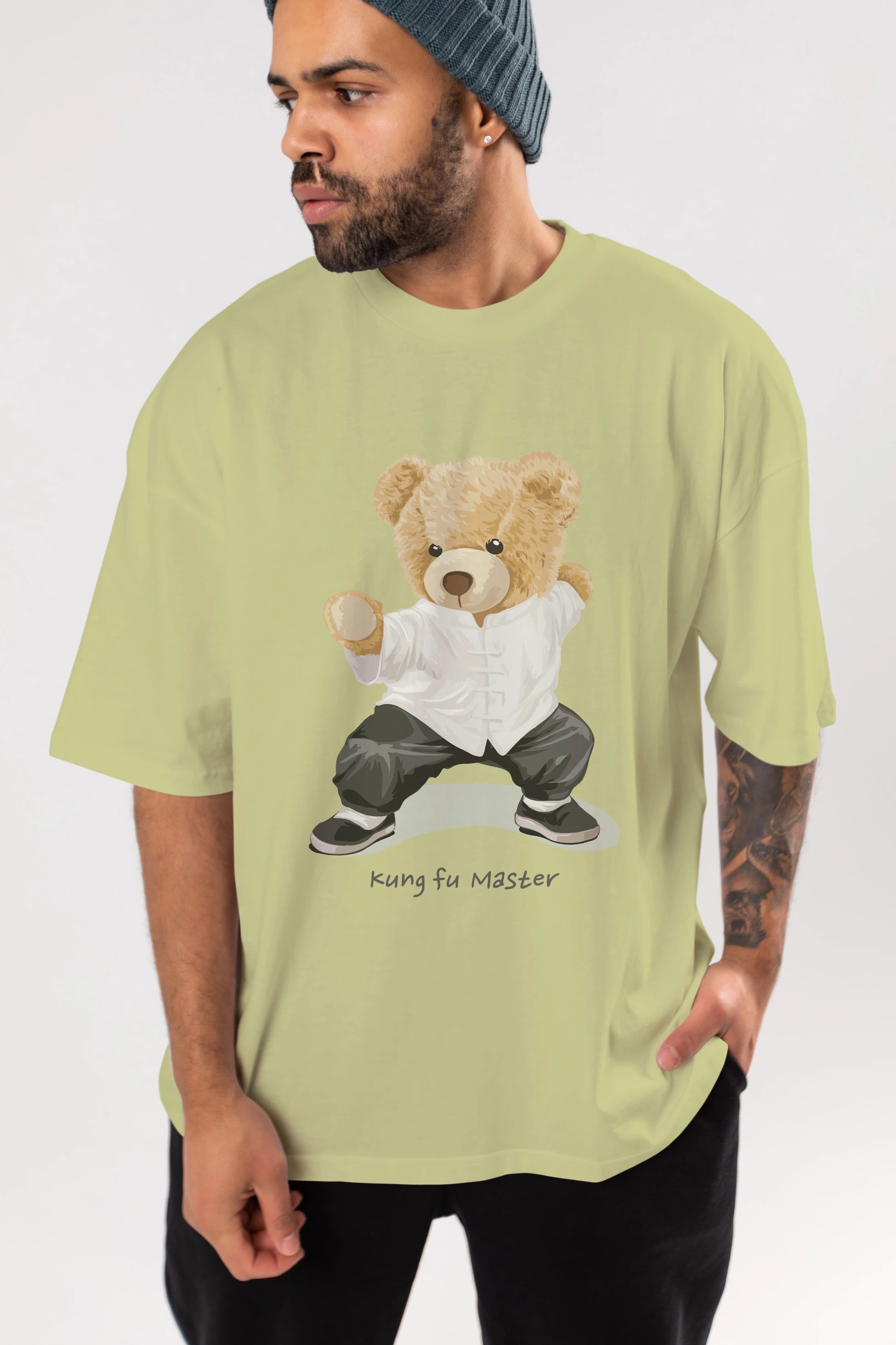 Teddy Bear Kung Fu Master Ön Baskılı Oversize t-shirt Erkek Kadın Unisex %100 Pamuk
