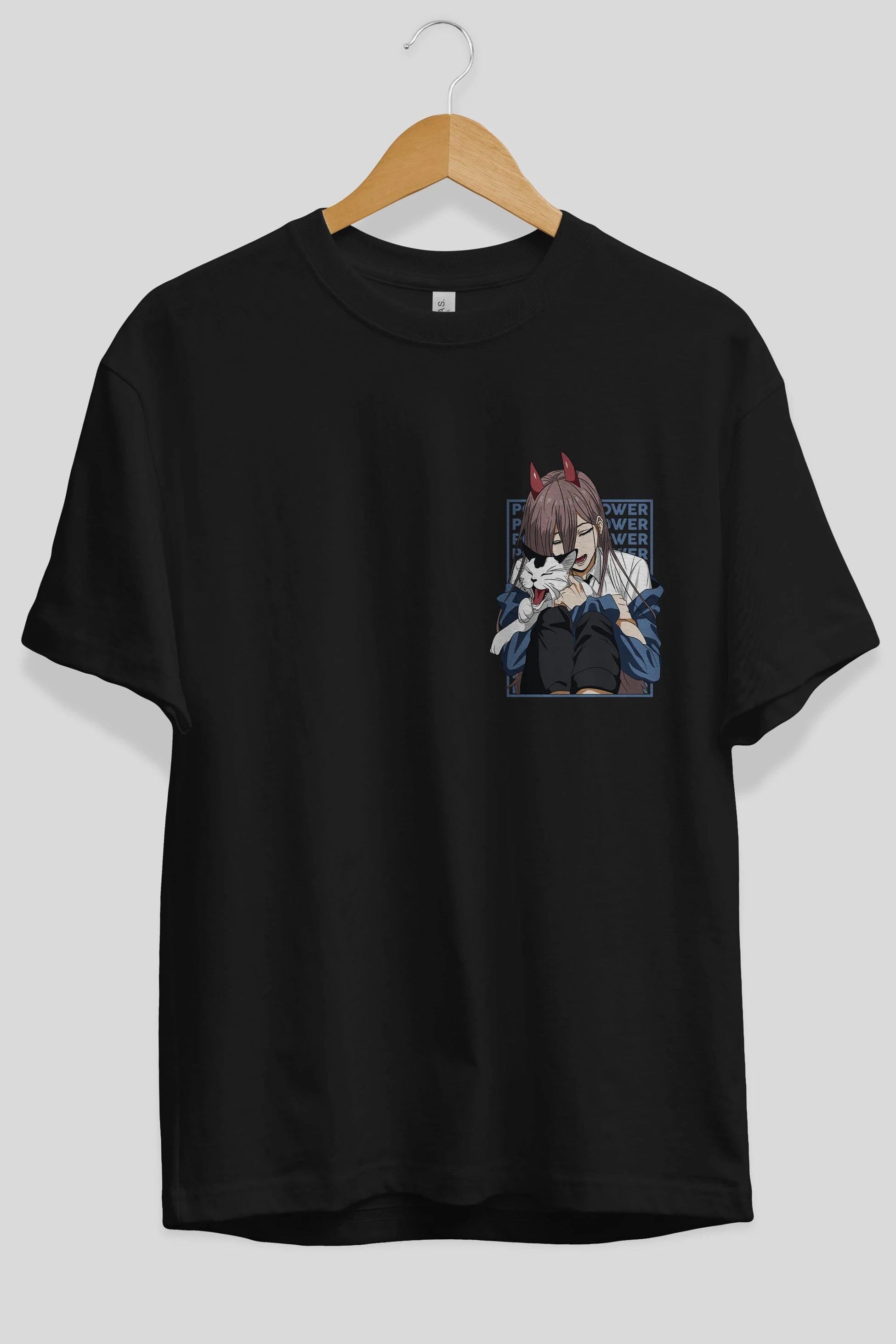 POWER CHAINSAWMAN Ön Sol Baskılı Oversize t-shirt Erkek Kadın Unisex %100 Pamuk Bisiklet Yaka tişort