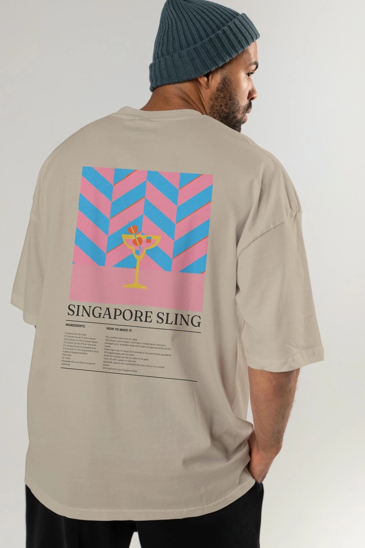 Singapore Sling Kokteyl Serisi Arka Baskılı Oversize t-shirt Erkek Kadın %100 Pamuk Bisiklet Yaka tişort