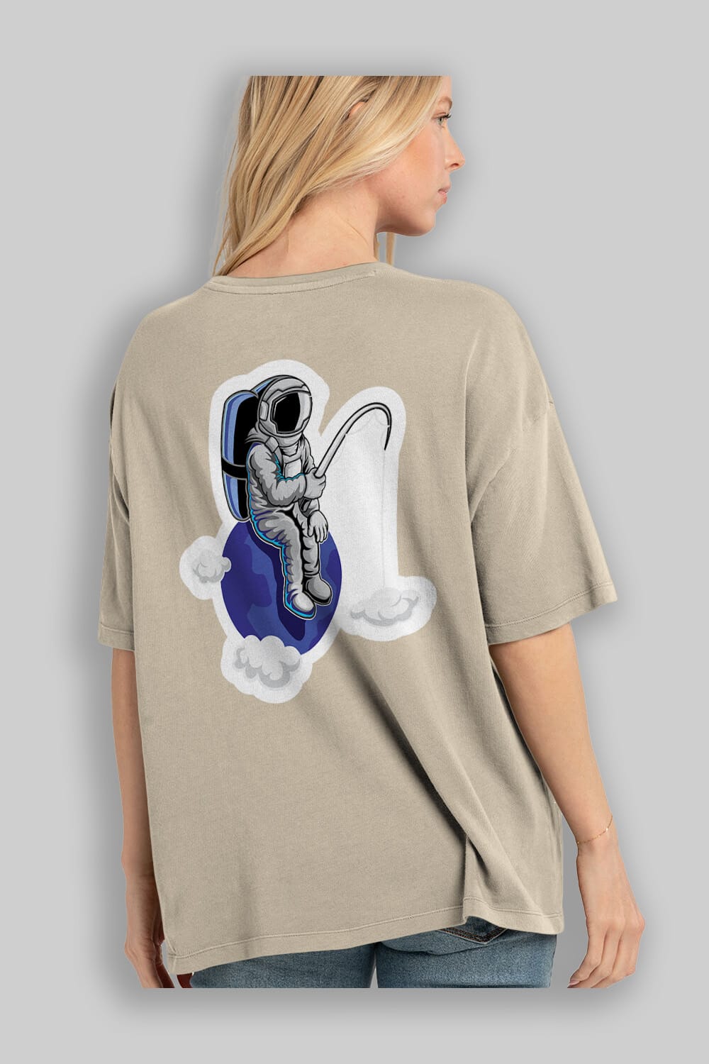 Astronaut Fishing Sticker Arka Baskılı Oversize t-shirt Erkek Kadın Unisex