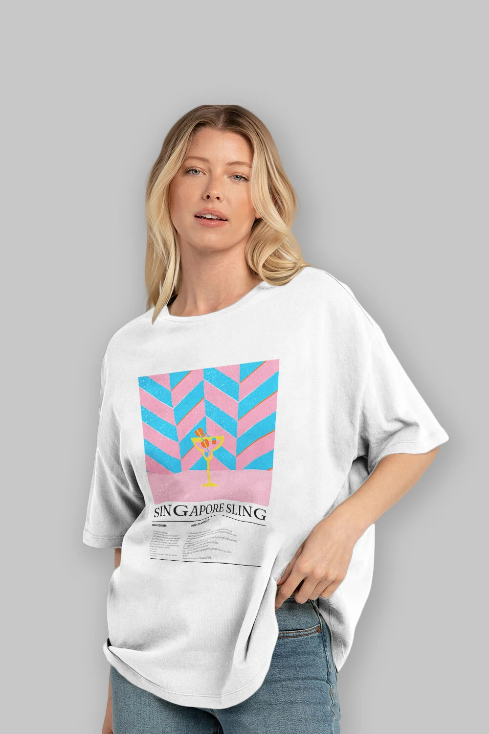 Sıngapore Sling Kokteyl Ön Baskılı Oversize t-shirt Erkek Kadın %100 Pamuk Bisiklet Yaka tişort