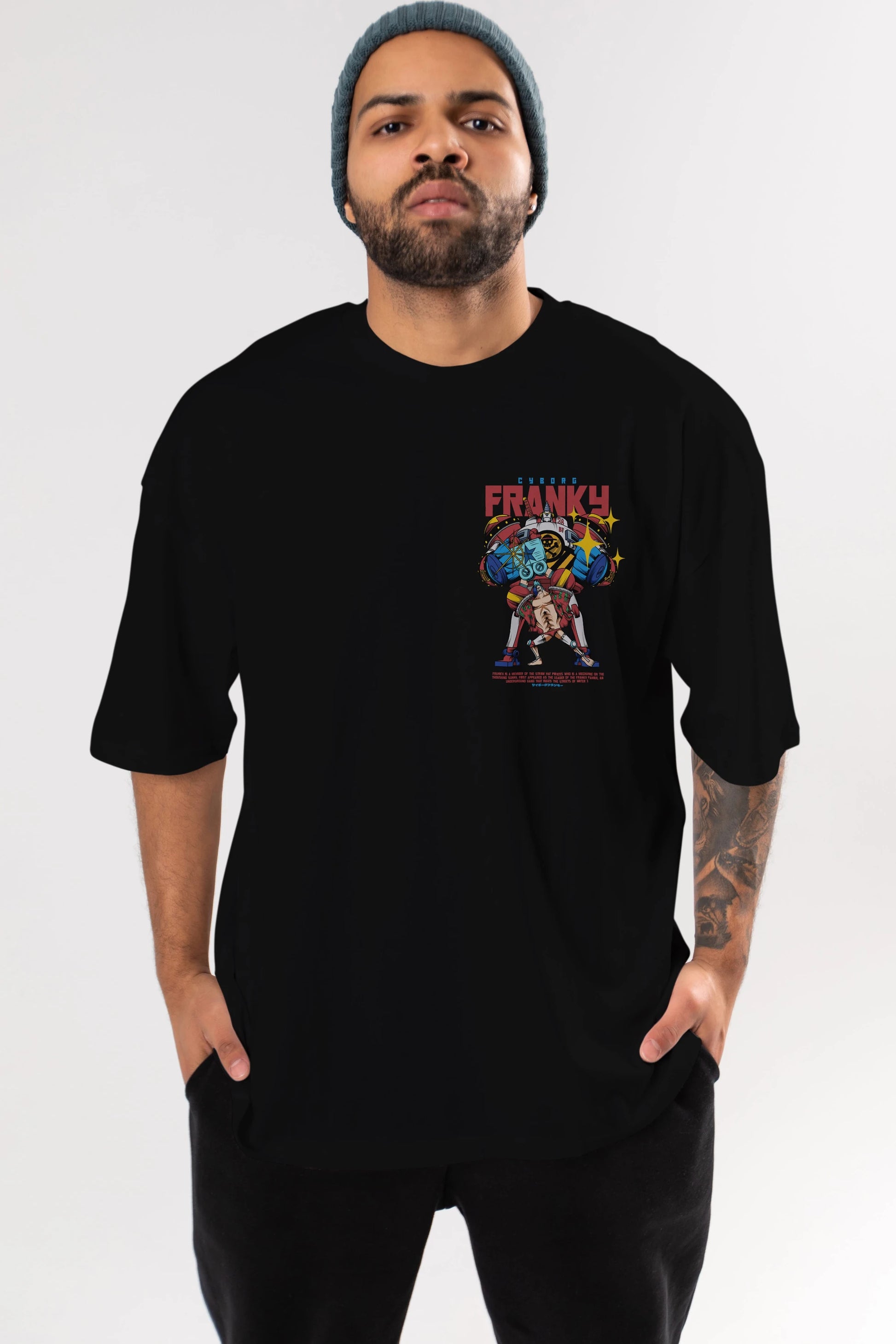 Cyborg Franky Ön Sol Baskılı Oversize t-shirt Erkek Kadın Unisex %100 Pamuk Bisiklet Yaka tişort