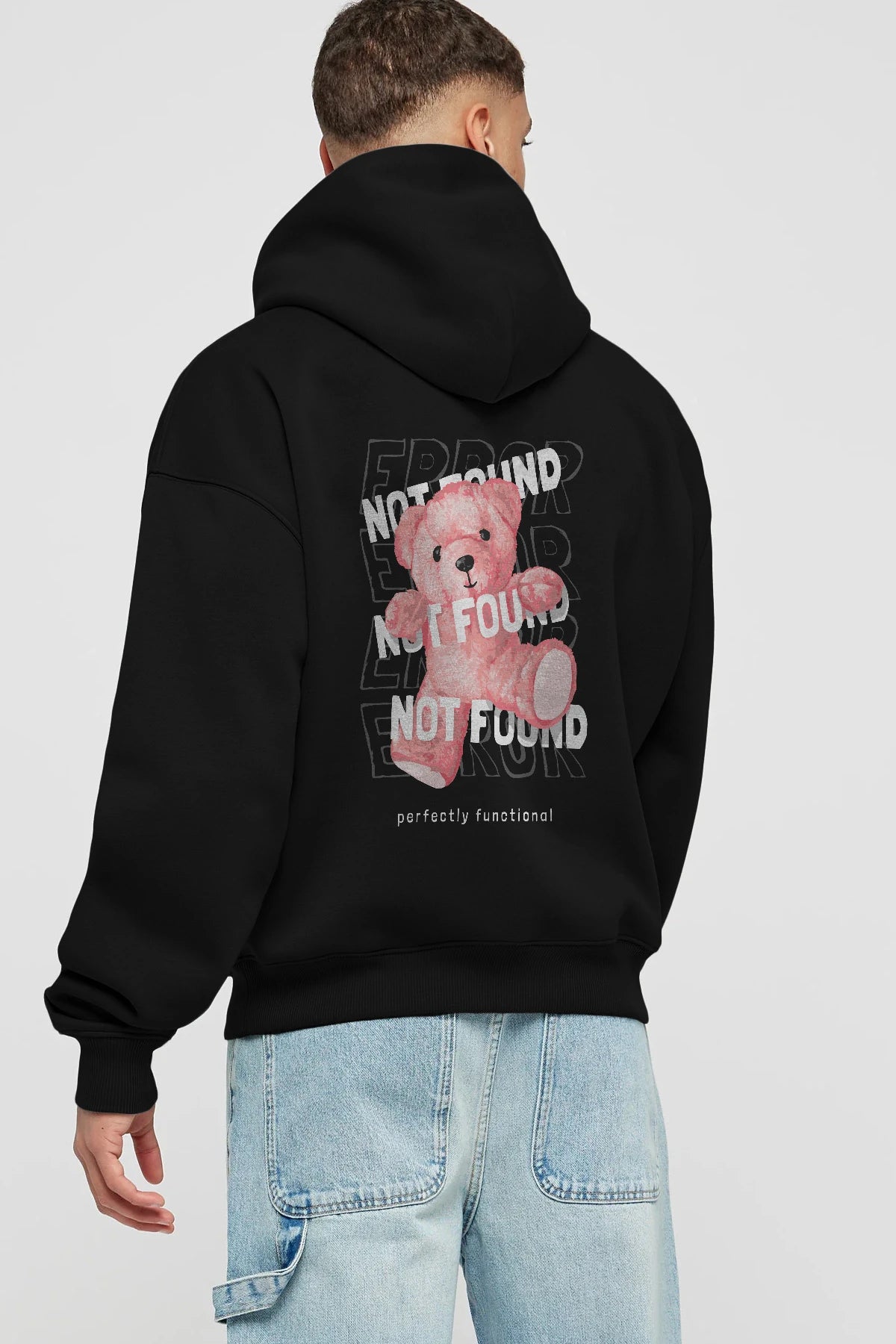 Error Not Found Bear Arka Baskılı Hoodie Oversize Kapüşonlu Sweatshirt Erkek Kadın Unisex