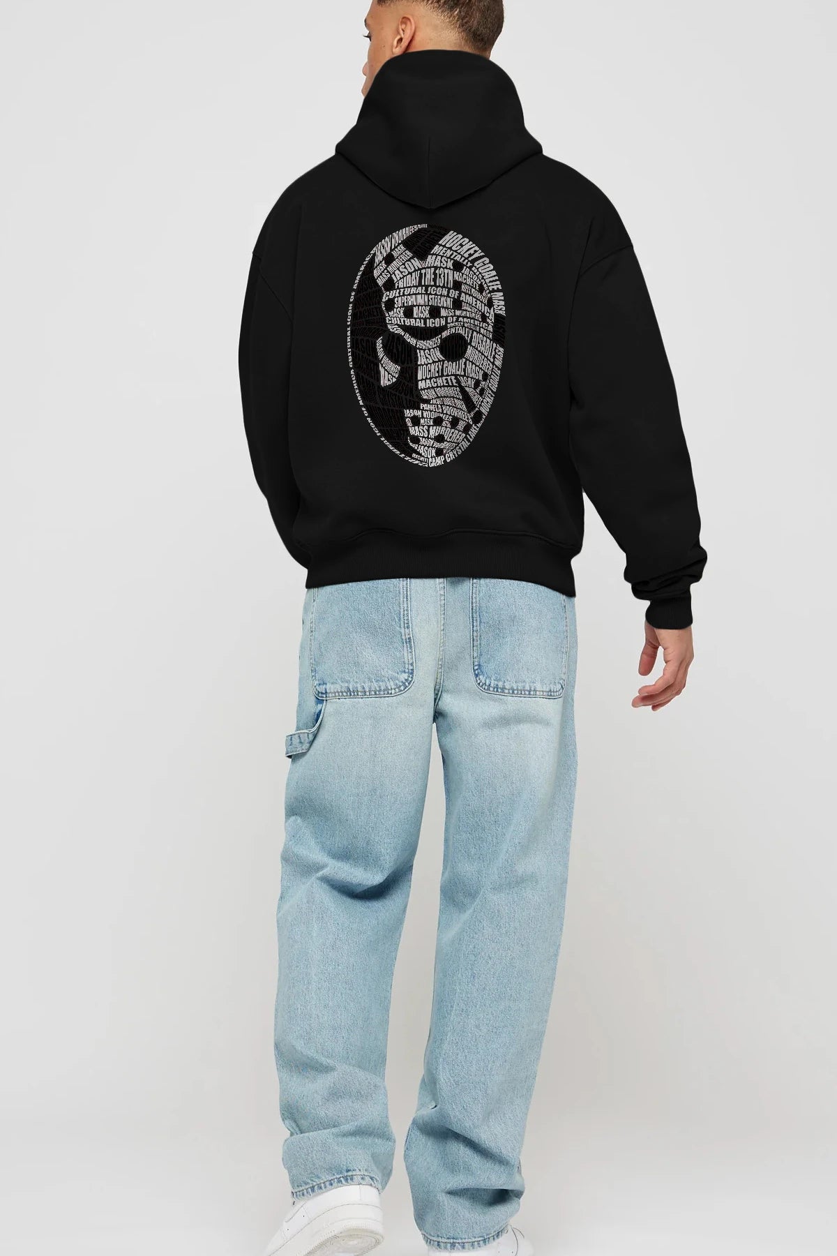 Jason Voorhees Calligram Arka Baskılı Hoodie Oversize Kapüşonlu Sweatshirt Erkek Kadın Unisex
