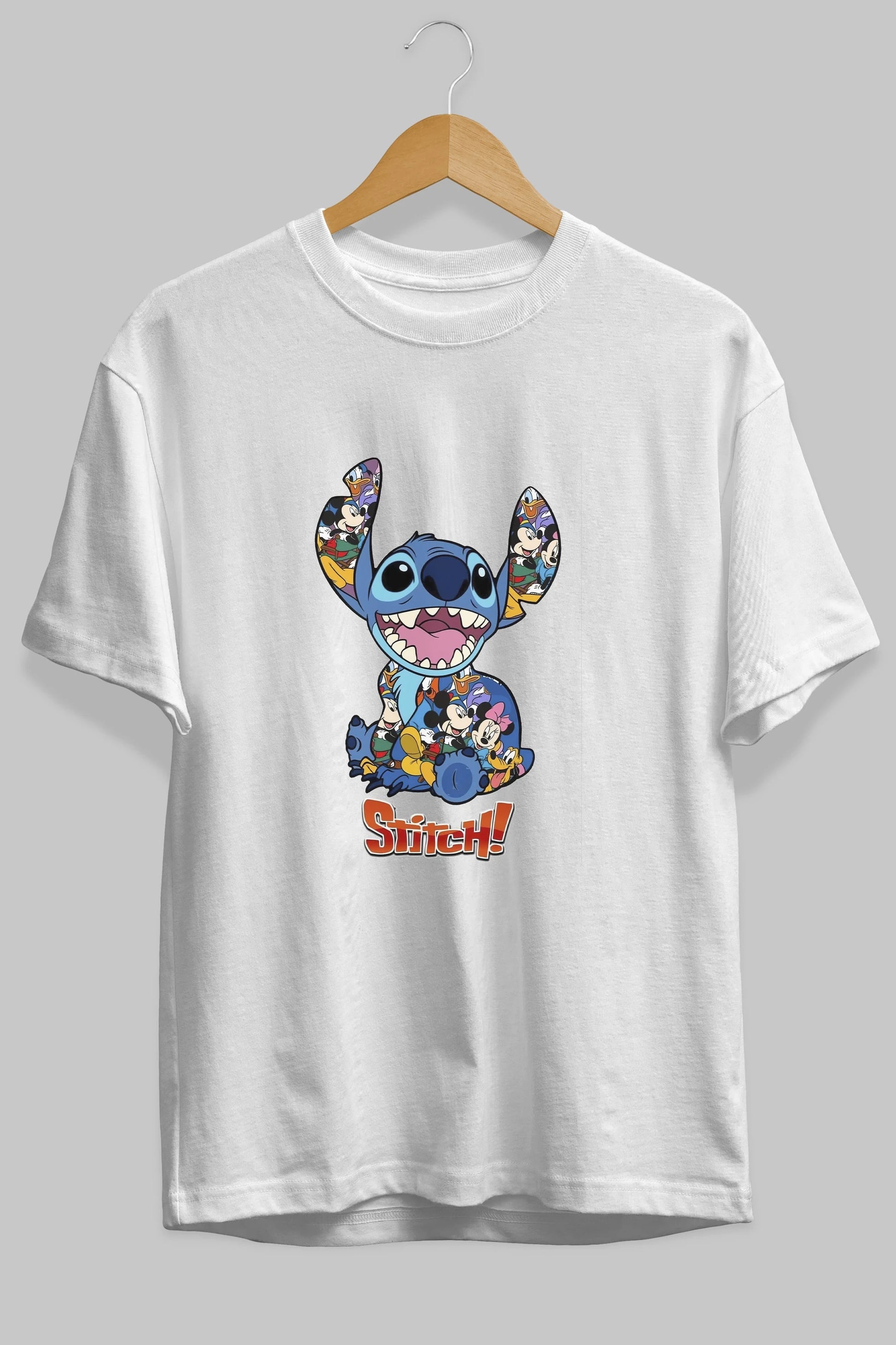 Stitch Ön Baskılı Oversize t-shirt Erkek Kadın Unisex %100 Pamuk Bisiklet Yaka tişort