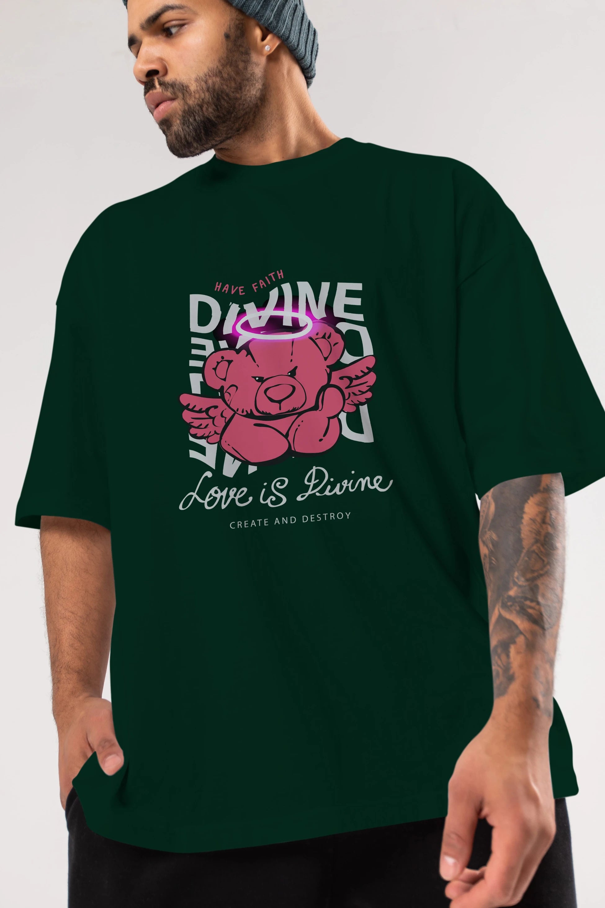 Love is Divine Bear Ön Baskılı Oversize t-shirt Erkek Kadın Unisex