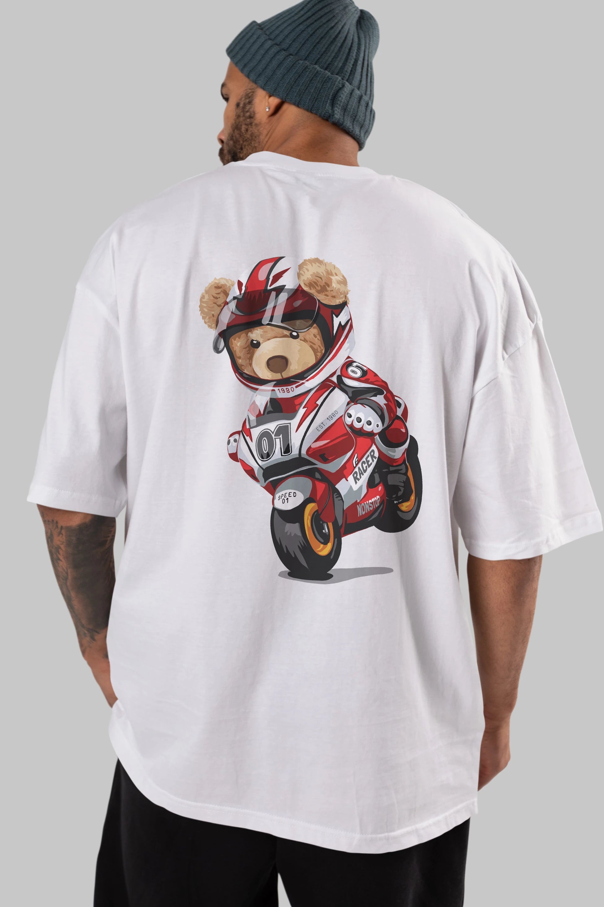 Teddy Bear Racer Arka Baskılı Oversize t-shirt Erkek Kadın Unisex %100 Pamuk