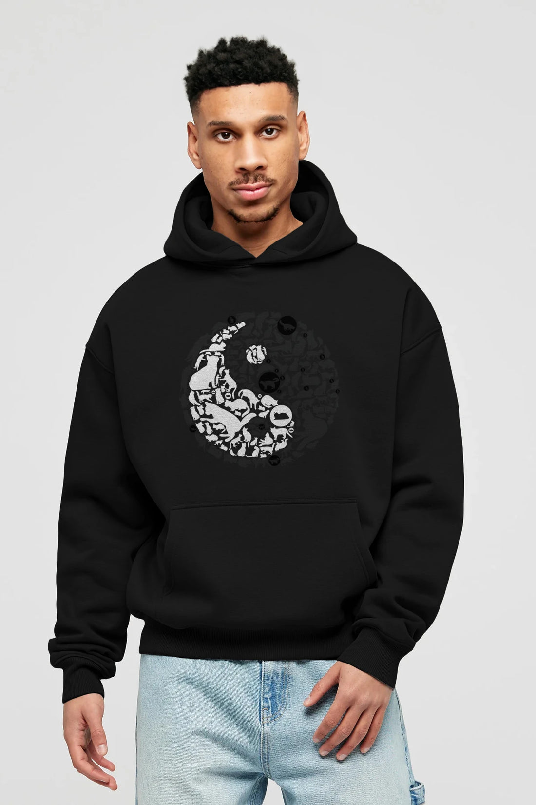 YinYang Cats Ön Baskılı Hoodie Oversize Kapüşonlu Sweatshirt Erkek Kadın Unisex