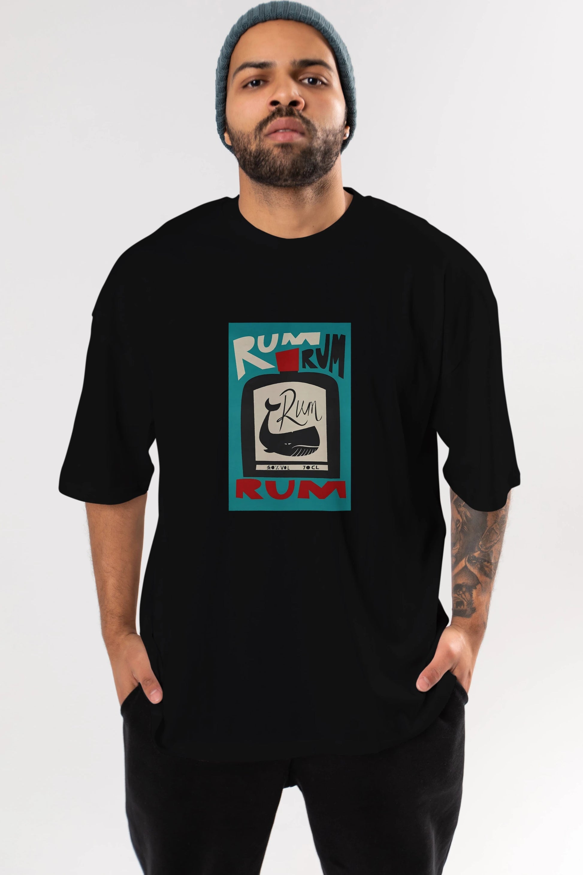 Rum Ön Baskılı Oversize t-shirt Erkek Kadın Unisex %100 Pamuk Bisiklet Yaka tişort
