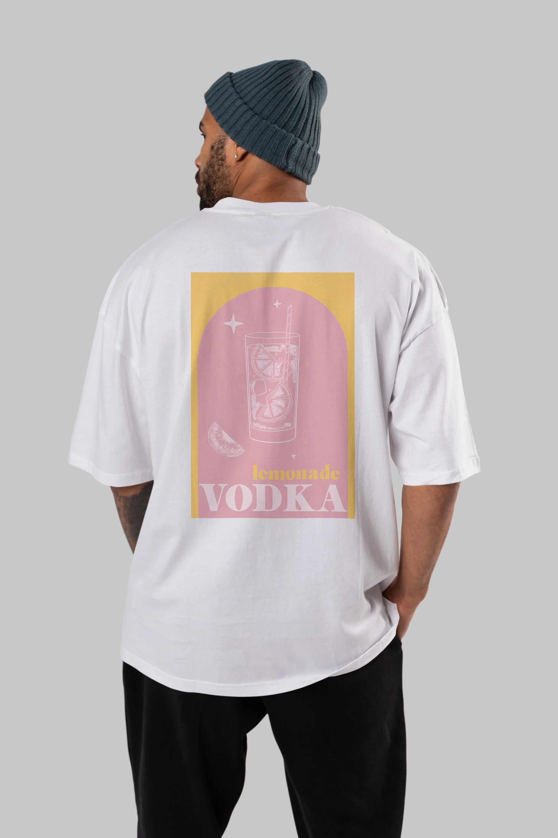 Vodka Limon Arka Baskılı Oversize t-shirt Erkek Kadın Unisex %100 Pamuk Bisiklet Yaka tişort