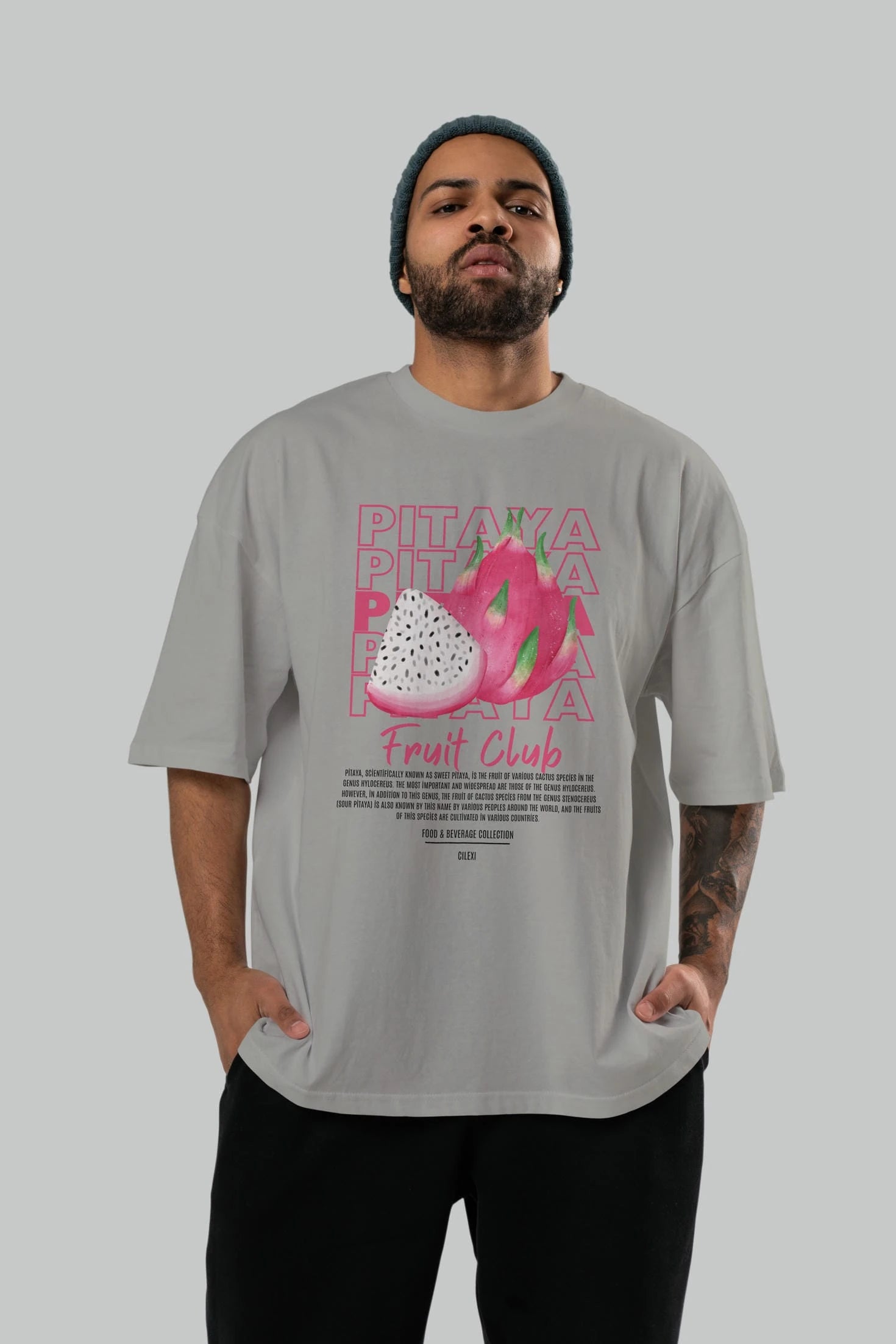 Pitaya Ön Baskılı Oversize t-shirt Erkek Kadın Pamuk Bisiklet Yaka tişort