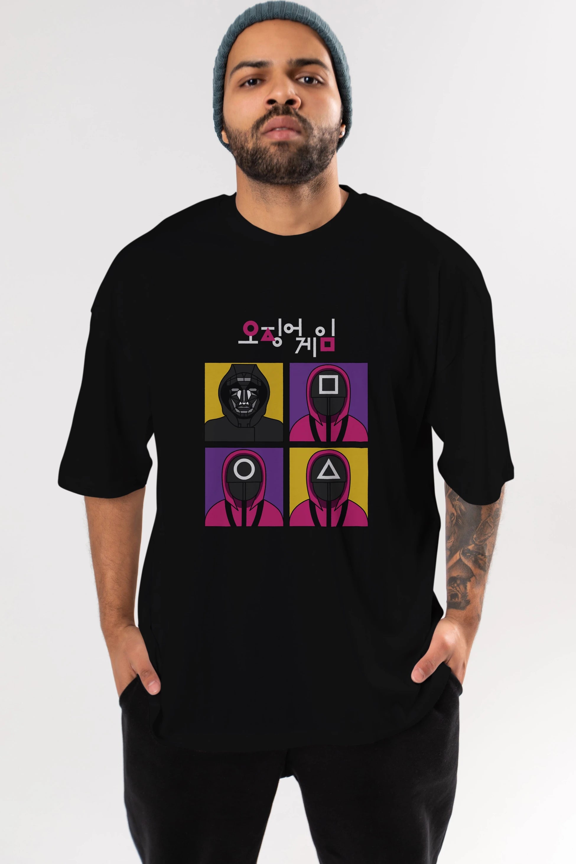 Squid Game (1) Ön Baskılı Oversize t-shirt Erkek Kadın Unisex %100 Pamuk Bisiklet Yaka tişort