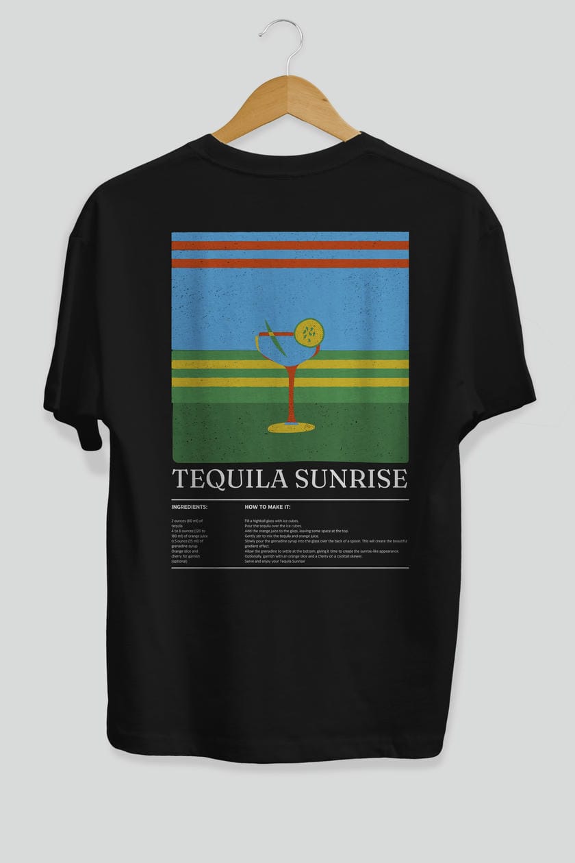 Tequila Sunrise Kokteyl Serisi Arka Baskılı Oversize t-shirt Erkek Kadın %100 Pamuk Bisiklet Yaka tişort