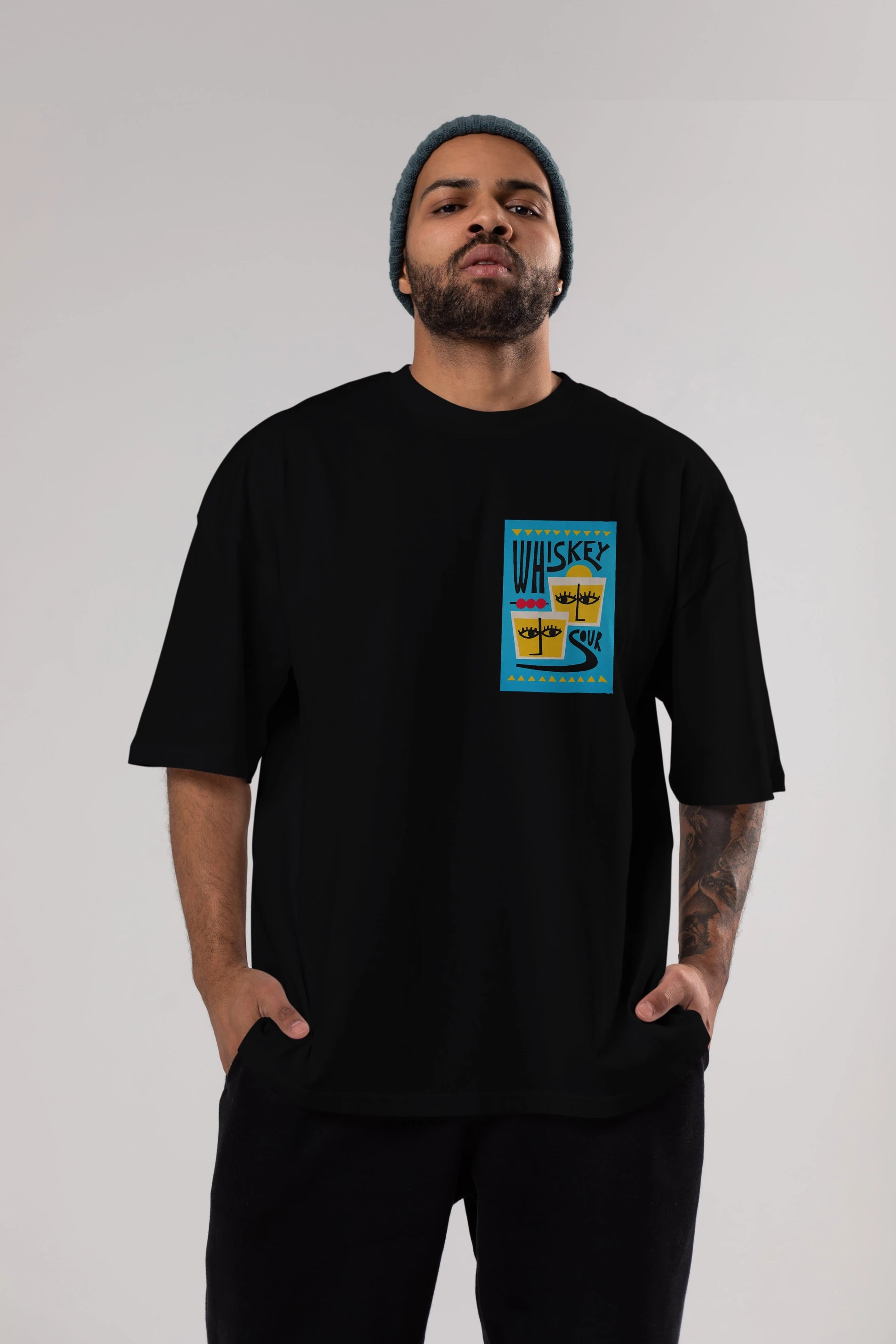 Whiskey Sour 2 Ön Sol Baskılı Oversize t-shirt Erkek Kadın Unisex %100 Pamuk Bisiklet Yaka tişort