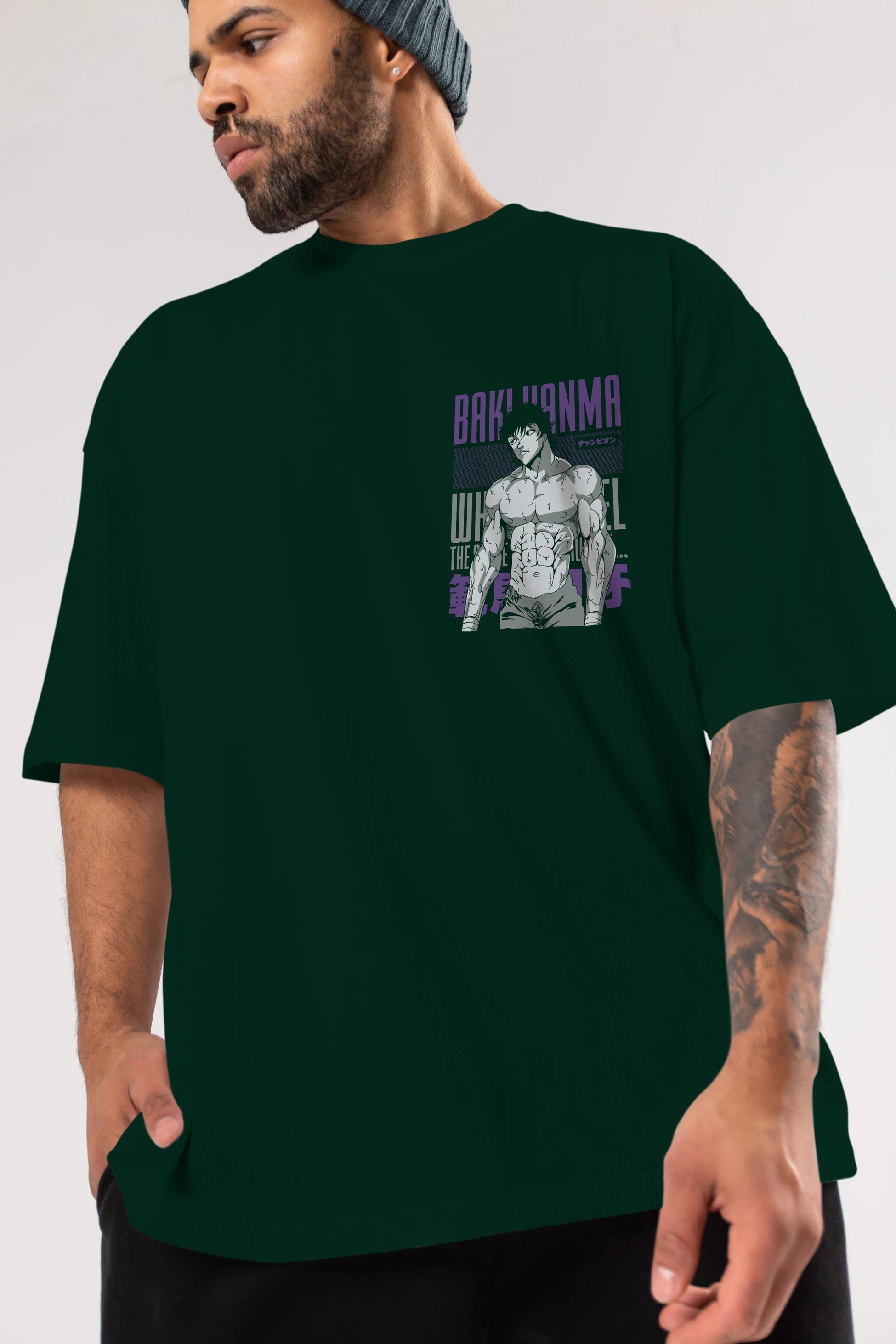 BAKI HANMA (2) Ön Sol Baskılı Oversize t-shirt Erkek Kadın Unisex %100 Pamuk Bisiklet Yaka tişort