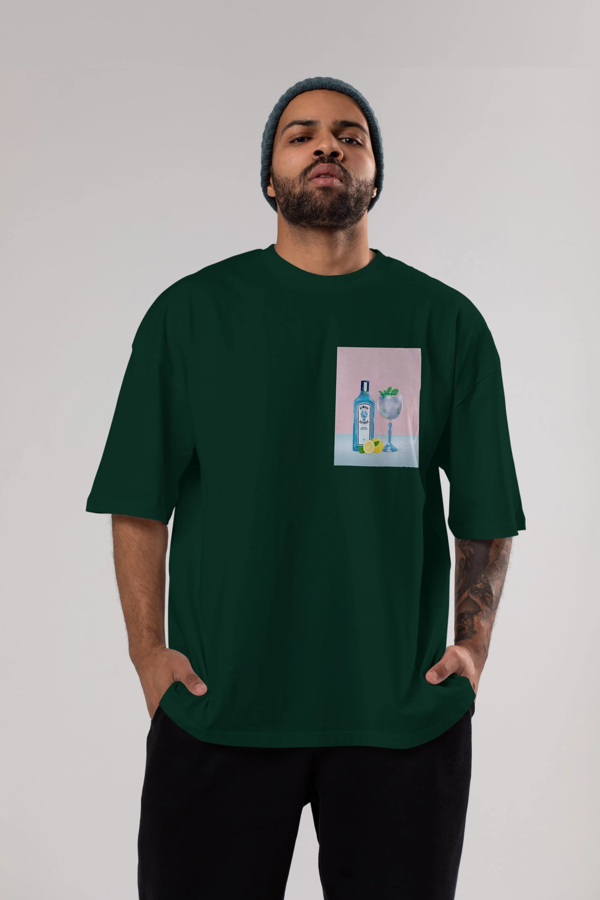 Bombay Sapphire Dry Gin Ön Sol Baskılı Oversize t-shirt Erkek Kadın Unisex %100 Pamuk Bisiklet Yaka tişort