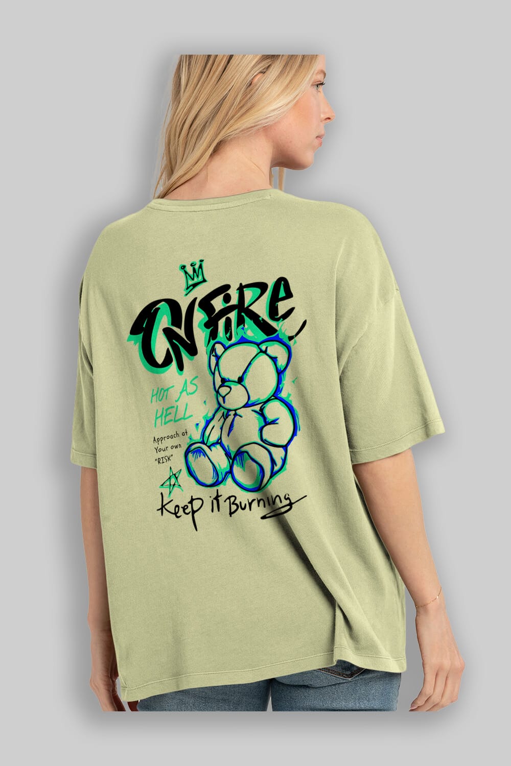 On Fire Bear Arka Baskılı Oversize t-shirt Erkek Kadın Unisex