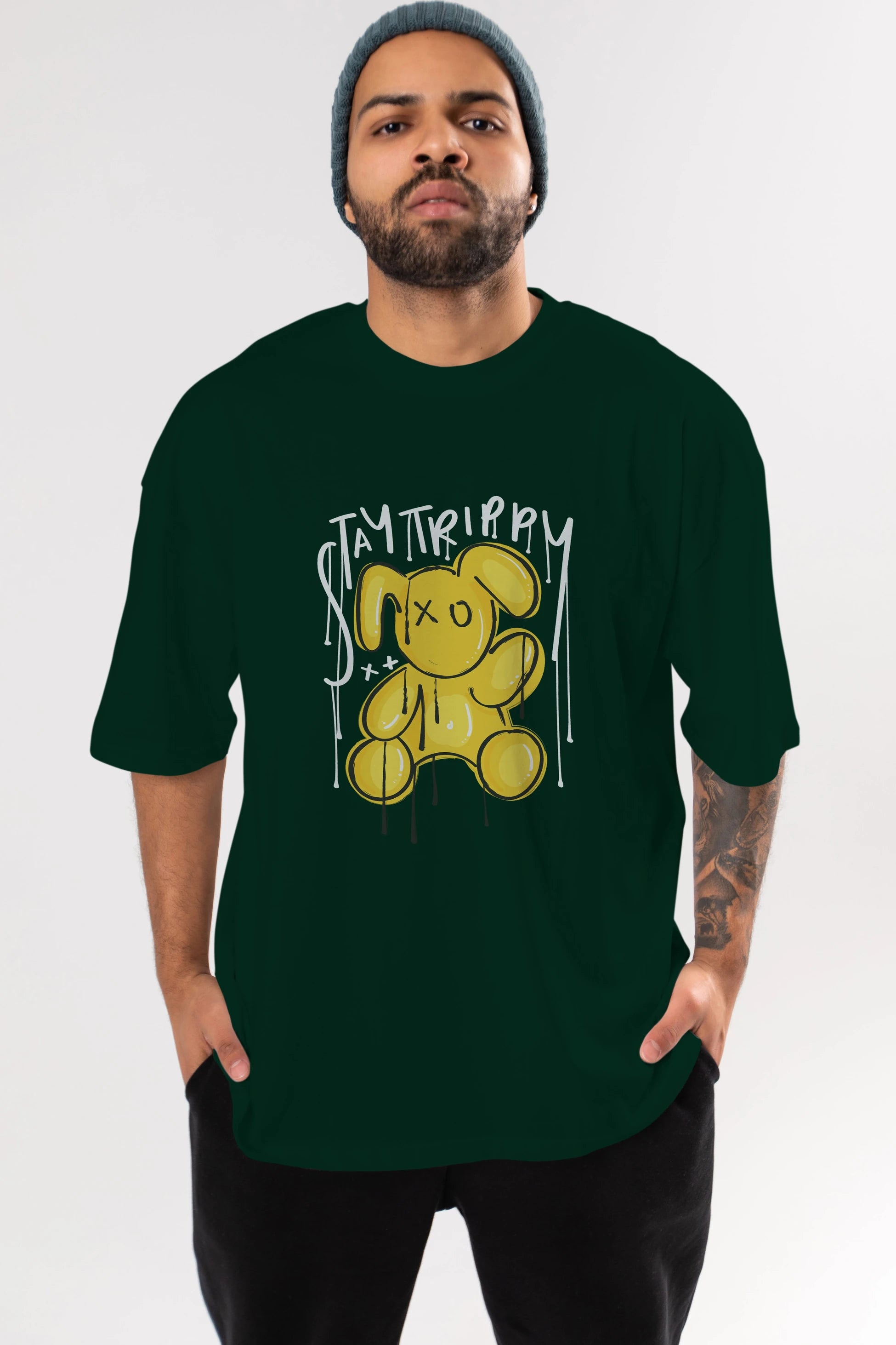 Stay Trippy Bear Ön Baskılı Oversize t-shirt Erkek Kadın Unisex
