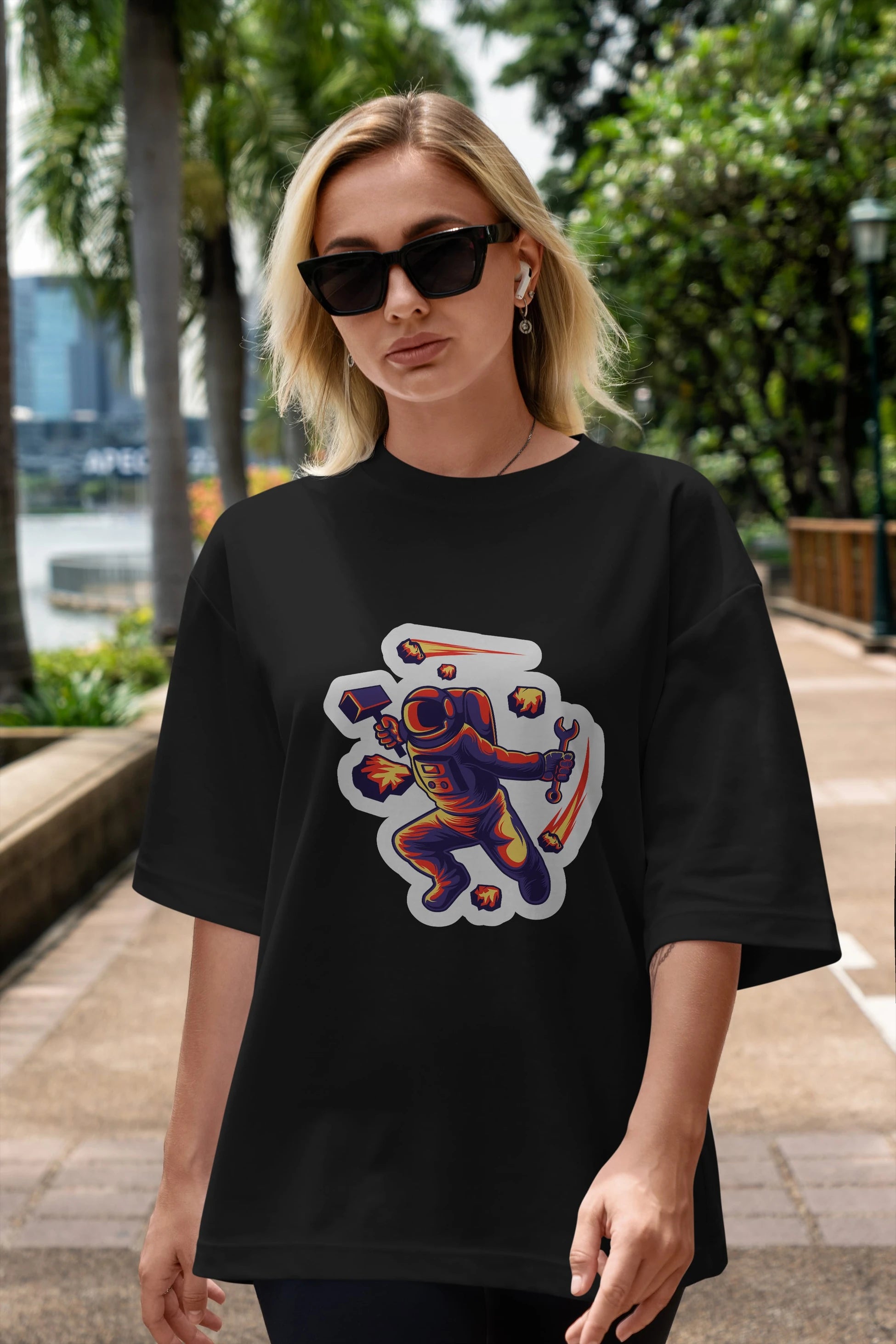 Astronaut Block Meteor Sticker Ön Baskılı Oversize t-shirt Erkek Kadın Unisex