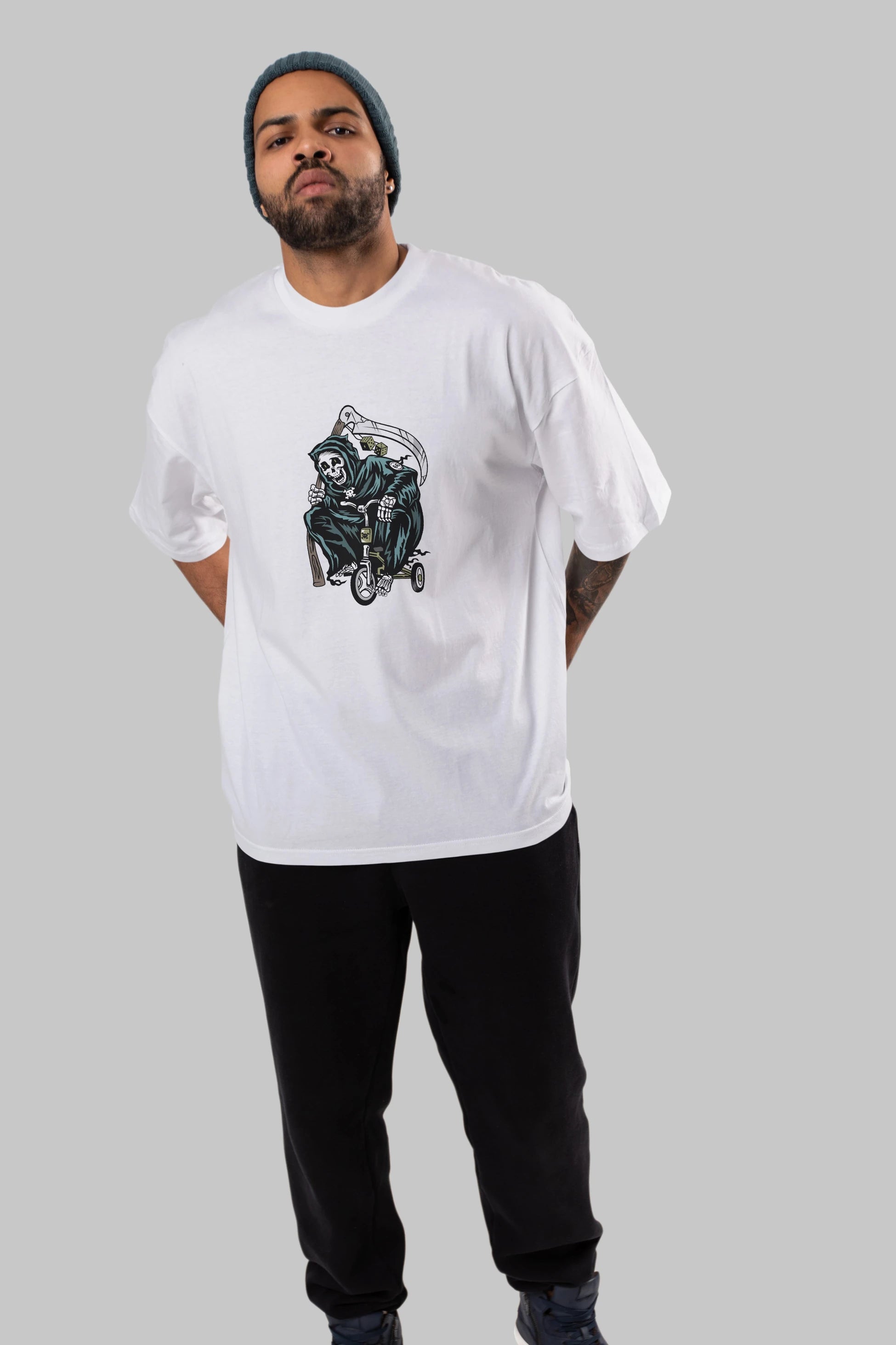 Grim Reaper Bicycle Ön Baskılı Oversize t-shirt Erkek Kadın Unisex %100 Pamuk tişort