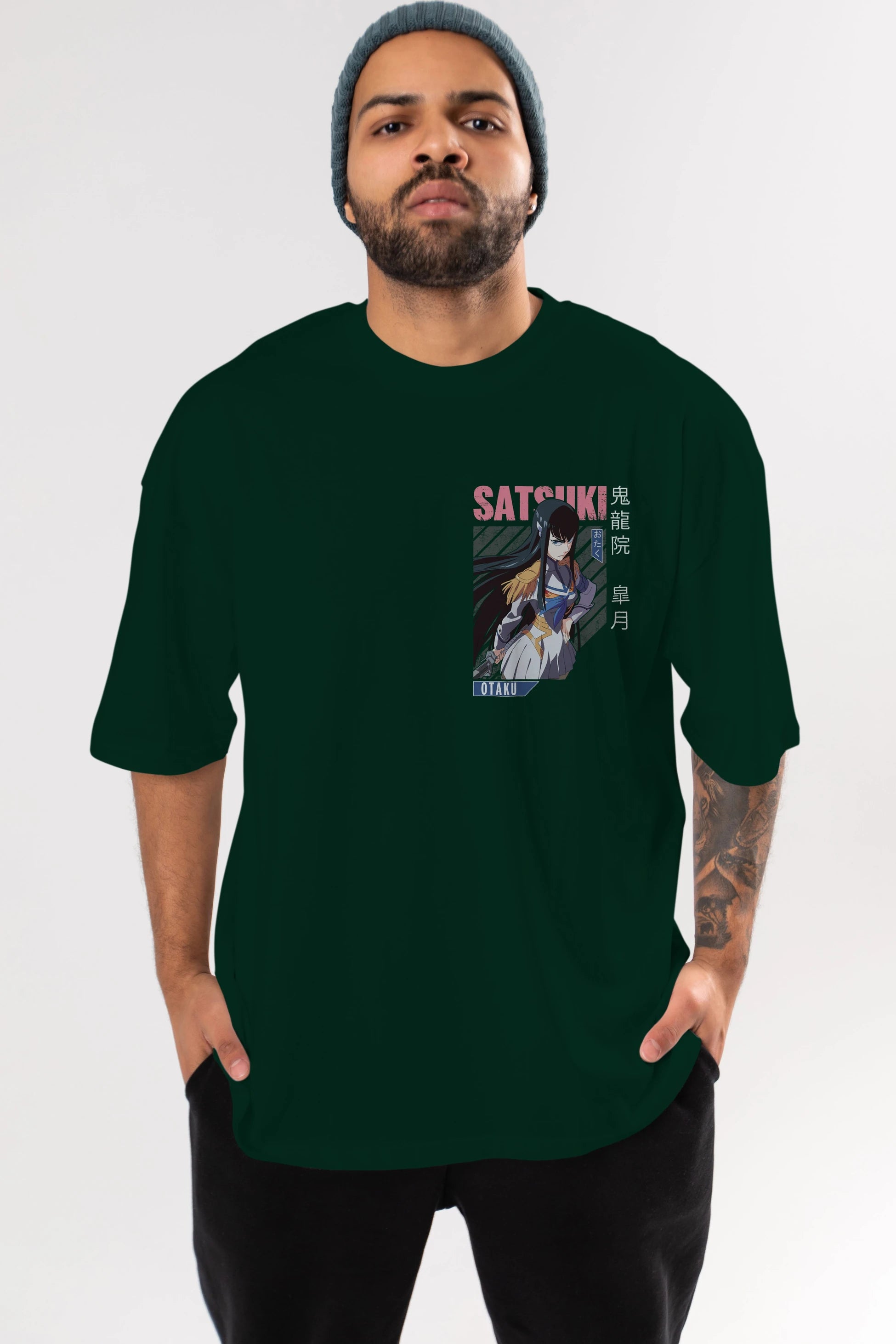 Satsuki Kiryuuin 8 Ön Sol Baskılı Oversize t-shirt Erkek Kadın Unisex %100 Pamuk Bisiklet Yaka tişort