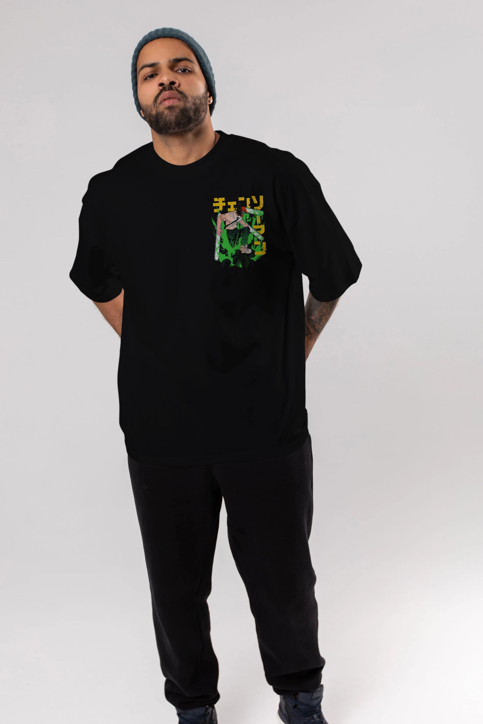 CHAINSAWMAN DENJI Ön Sol Baskılı Oversize t-shirt Erkek Kadın Unisex %100 Pamuk Bisiklet Yaka tişort
