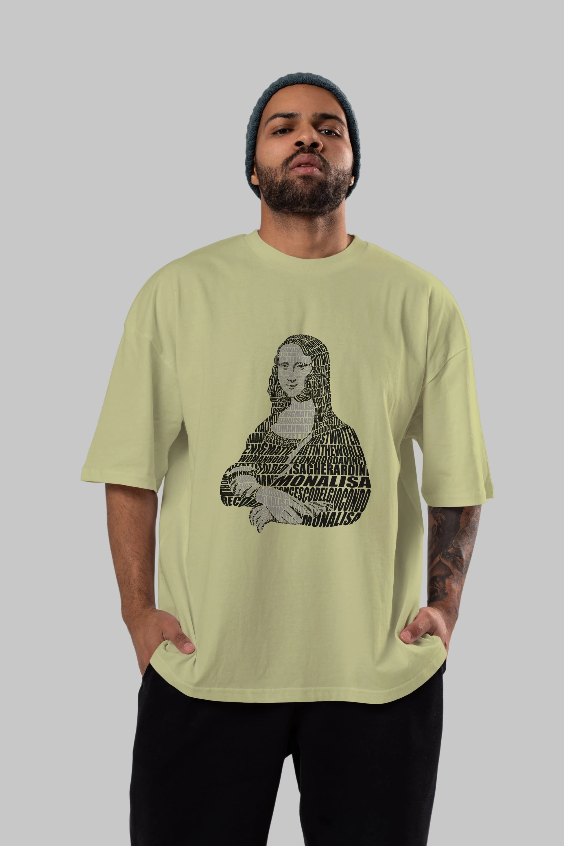 Mona Lisa Calligram Ön Baskılı Oversize t-shirt %100 pamuk Erkek Kadın Unisex