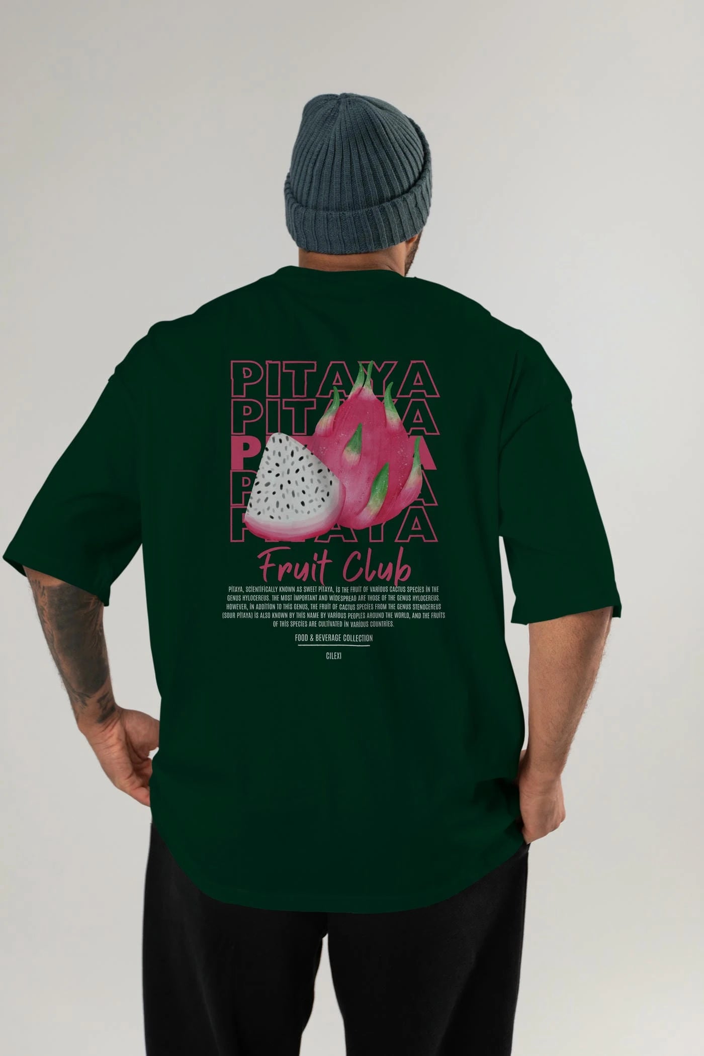 Pitaya Arka Baskılı Oversize t-shirt Erkek Kadın Pamuk Bisiklet Yaka tişort