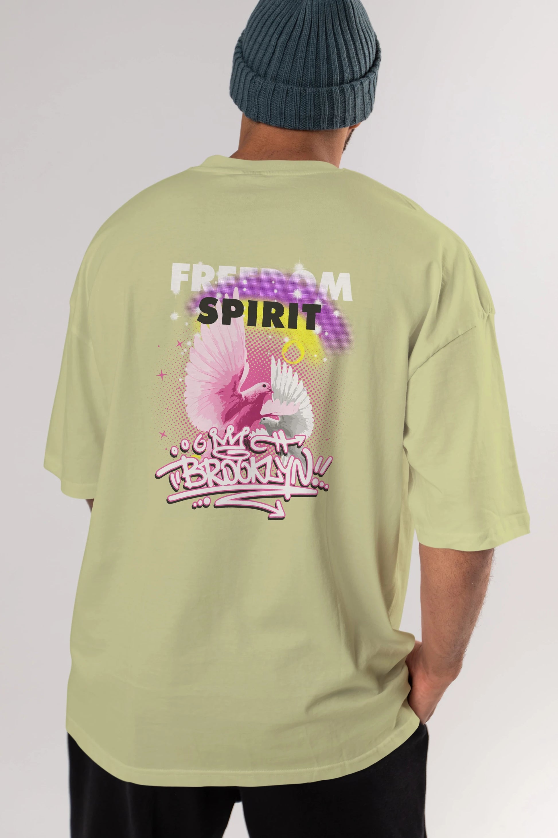 Freedom Spirit Brooklyn Arka Baskılı Oversize t-shirt Erkek Kadın Unisex