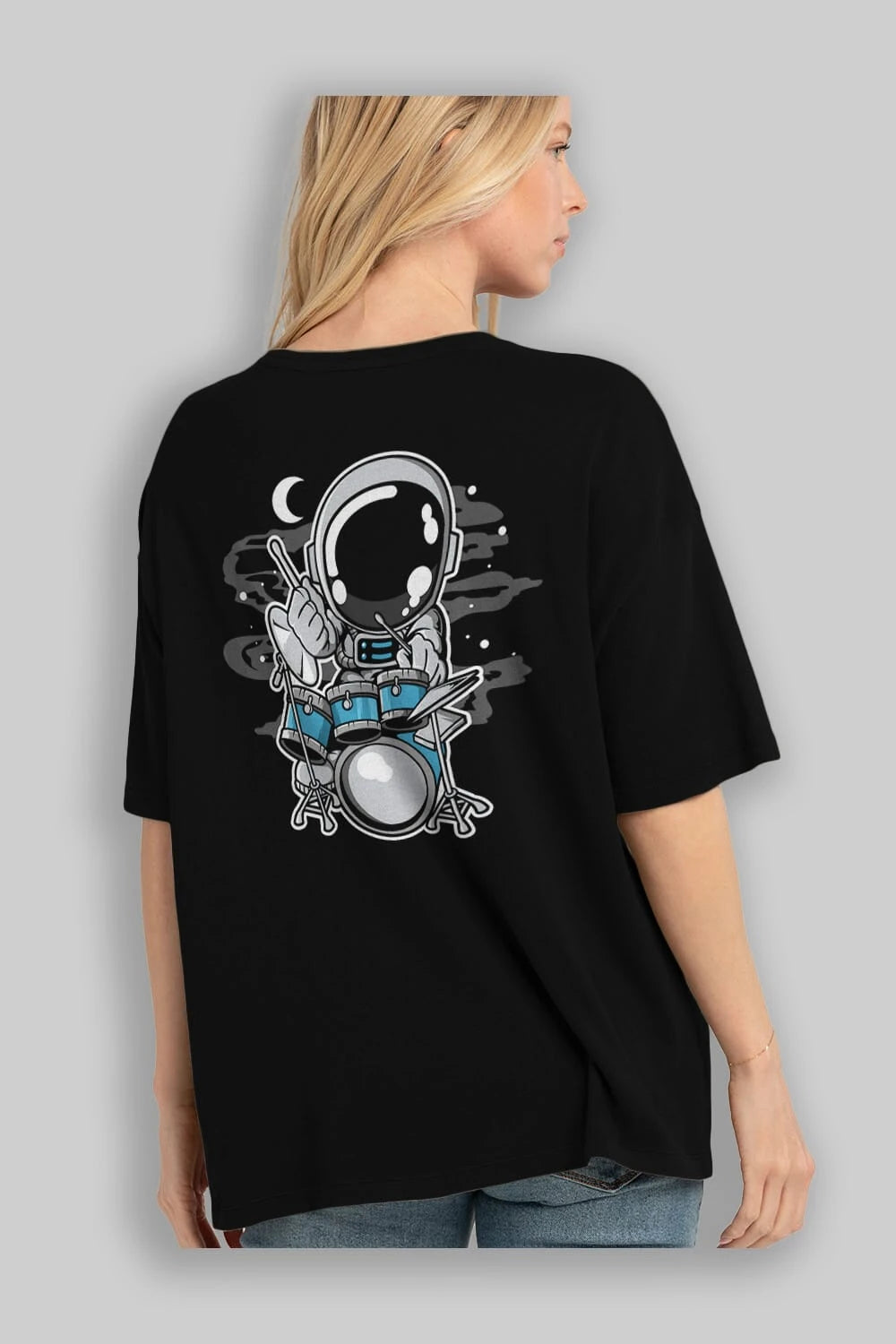Astronaut Drummer Arka Baskılı Oversize t-shirt Erkek Kadın Unisex